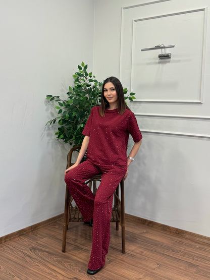 Star Set Bluz Pantolon Bordo Taşlı Takım