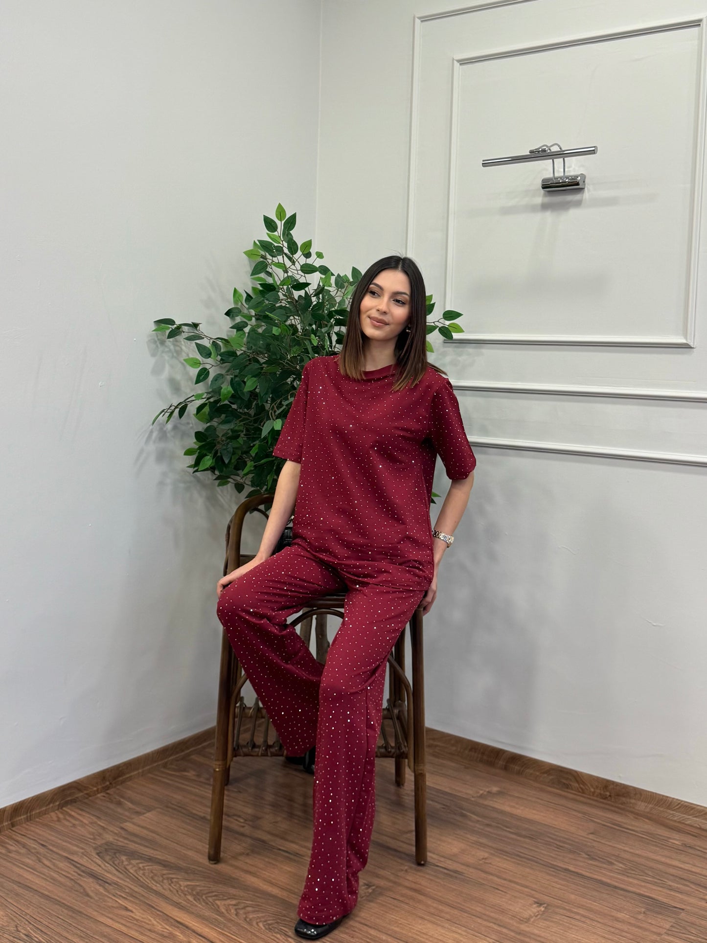 Star Set Bluz Pantolon Bordo Taşlı Takım