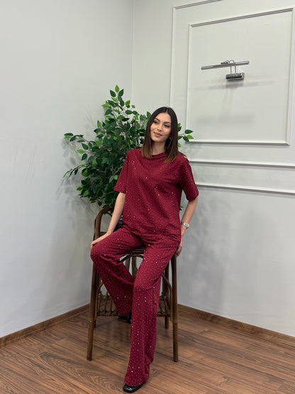 Star Set Bluz Pantolon Bordo Taşlı Takım