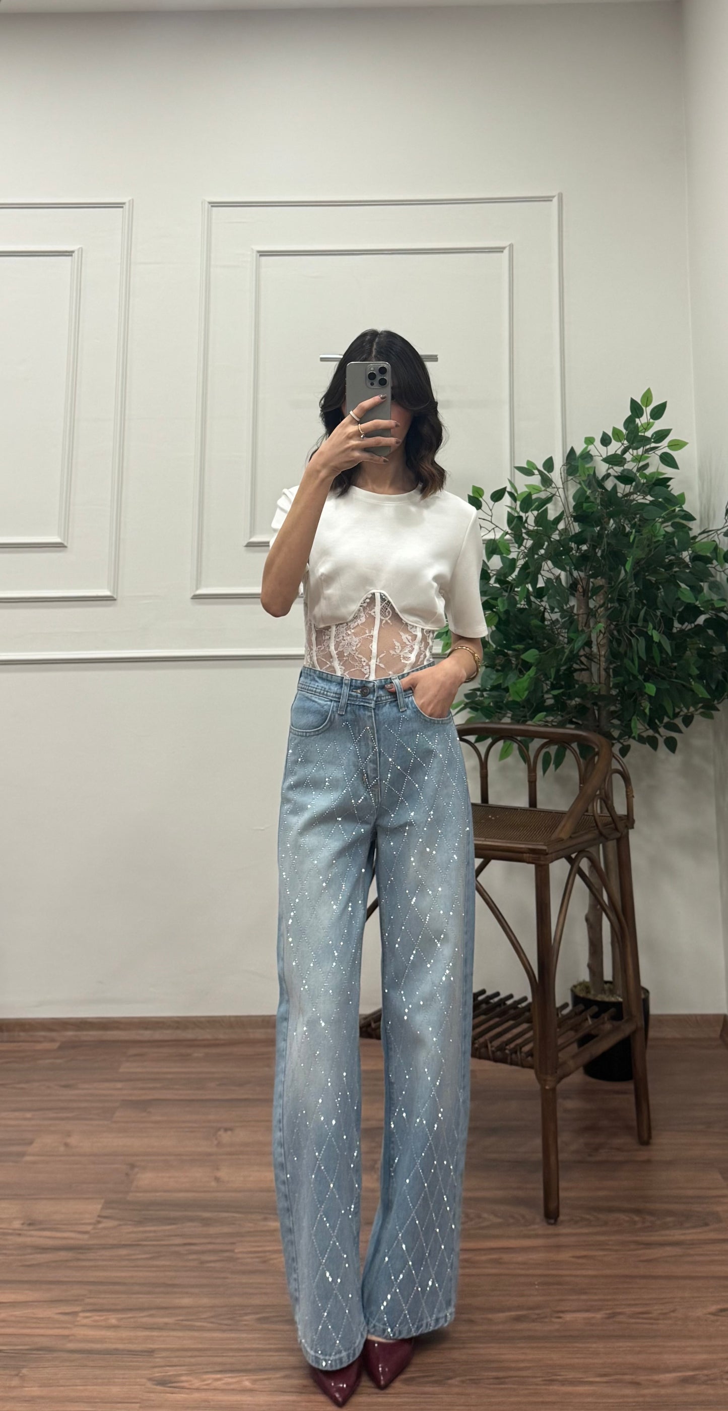 Premium Baklava Desen Taşlı Jean