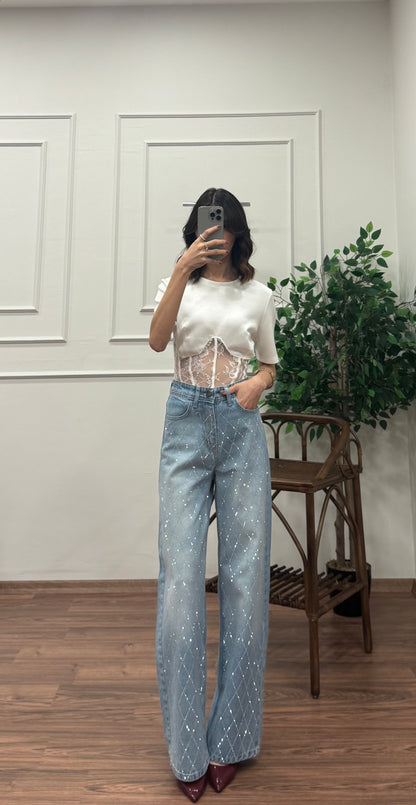 Premium Baklava Desen Taşlı Jean