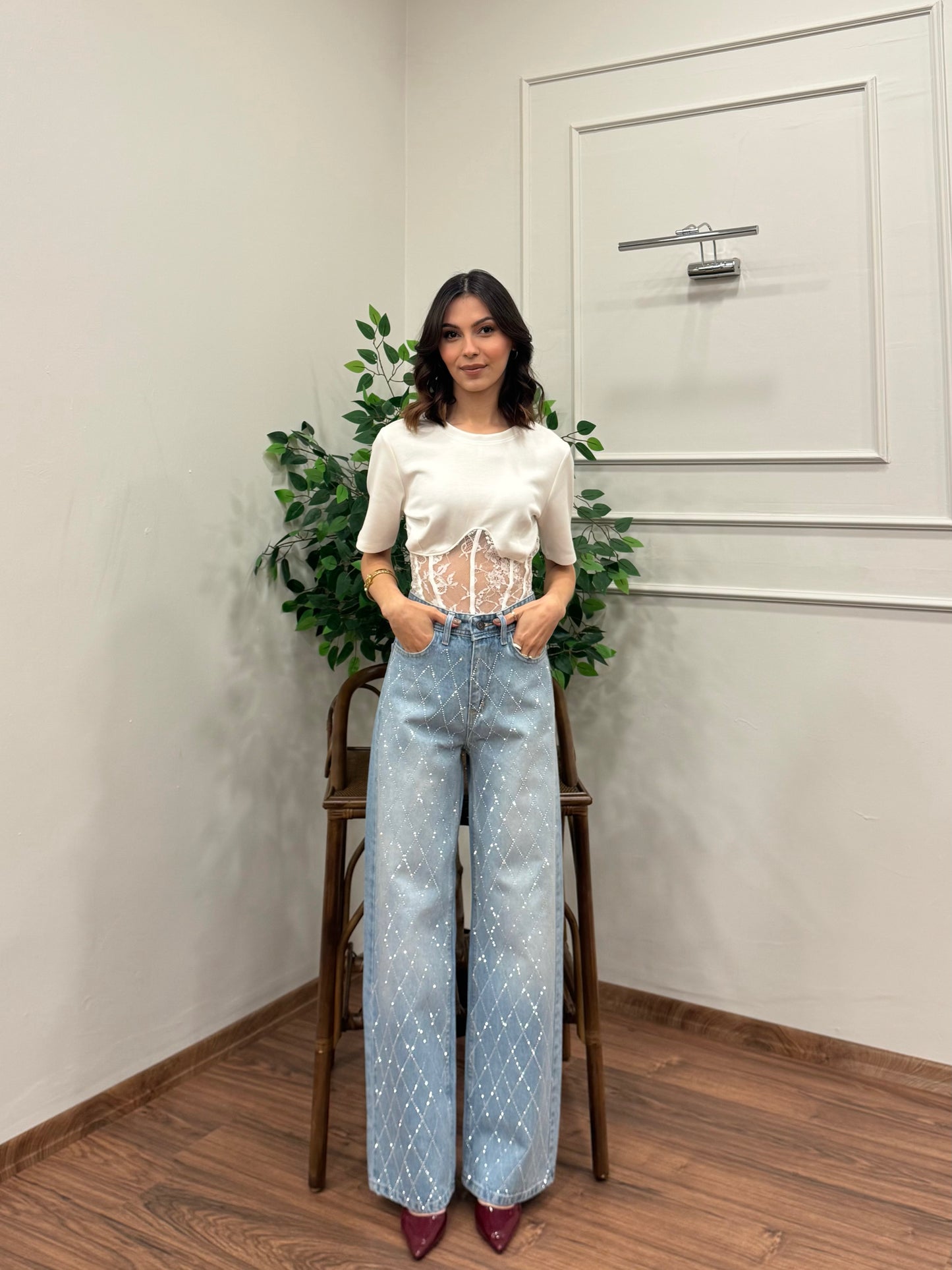 Premium Baklava Desen Taşlı Jean