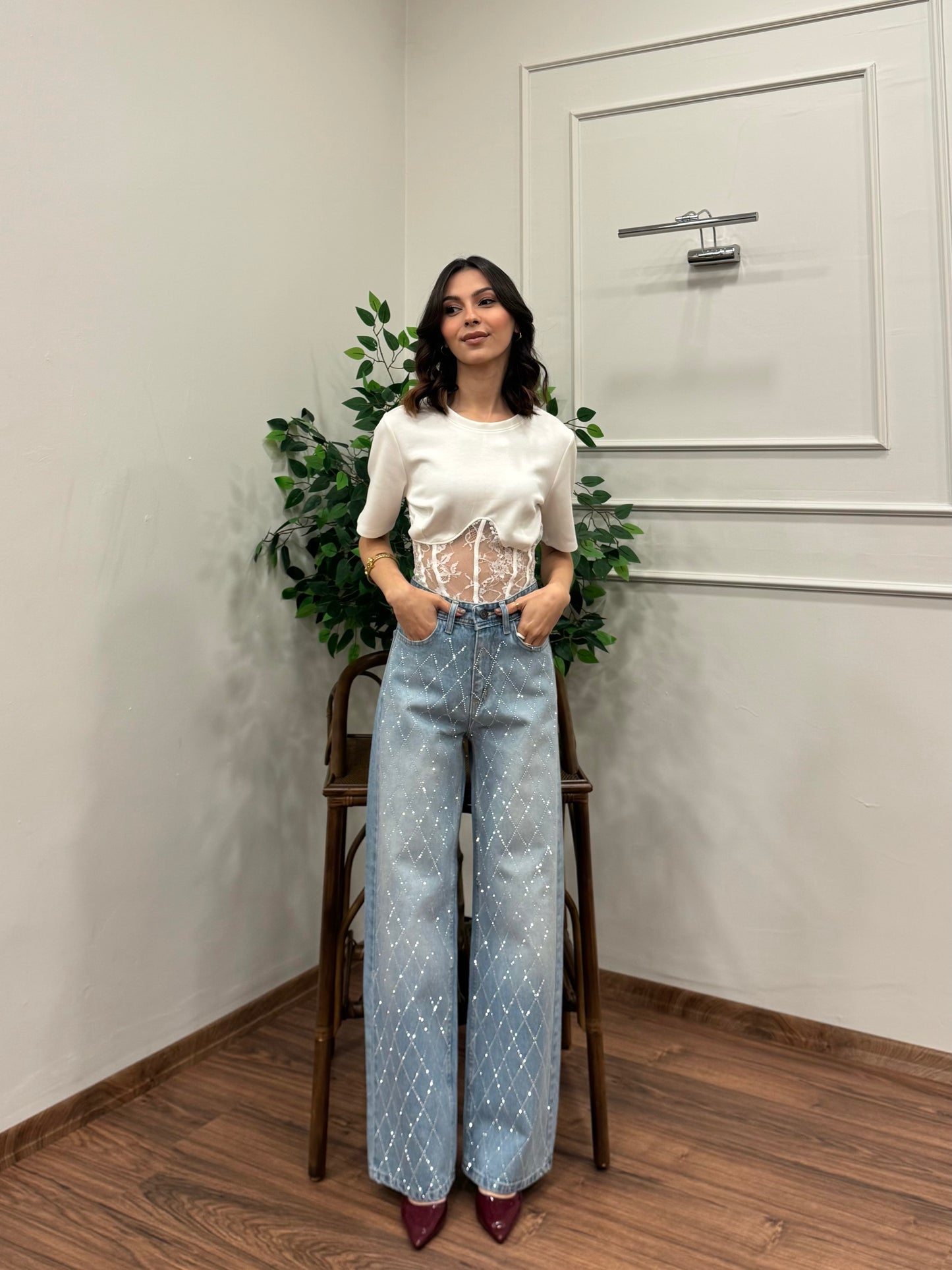 Premium Baklava Desen Taşlı Jean