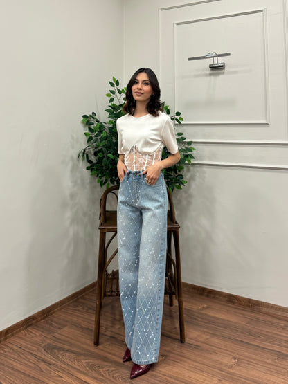 Premium Baklava Desen Taşlı Jean