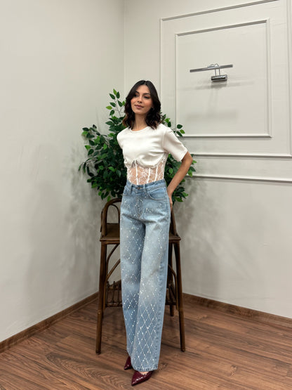 Premium Baklava Desen Taşlı Jean