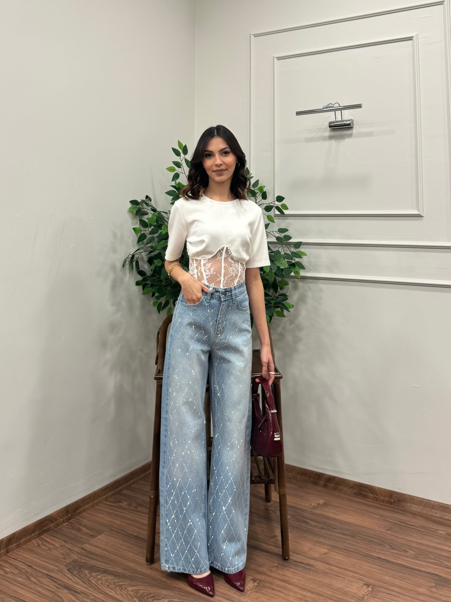 Premium Baklava Desen Taşlı Jean