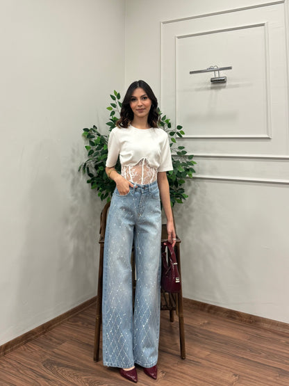 Premium Baklava Desen Taşlı Jean