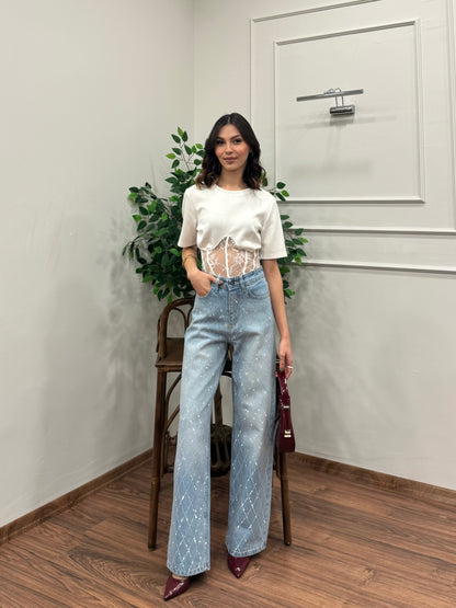 Premium Baklava Desen Taşlı Jean