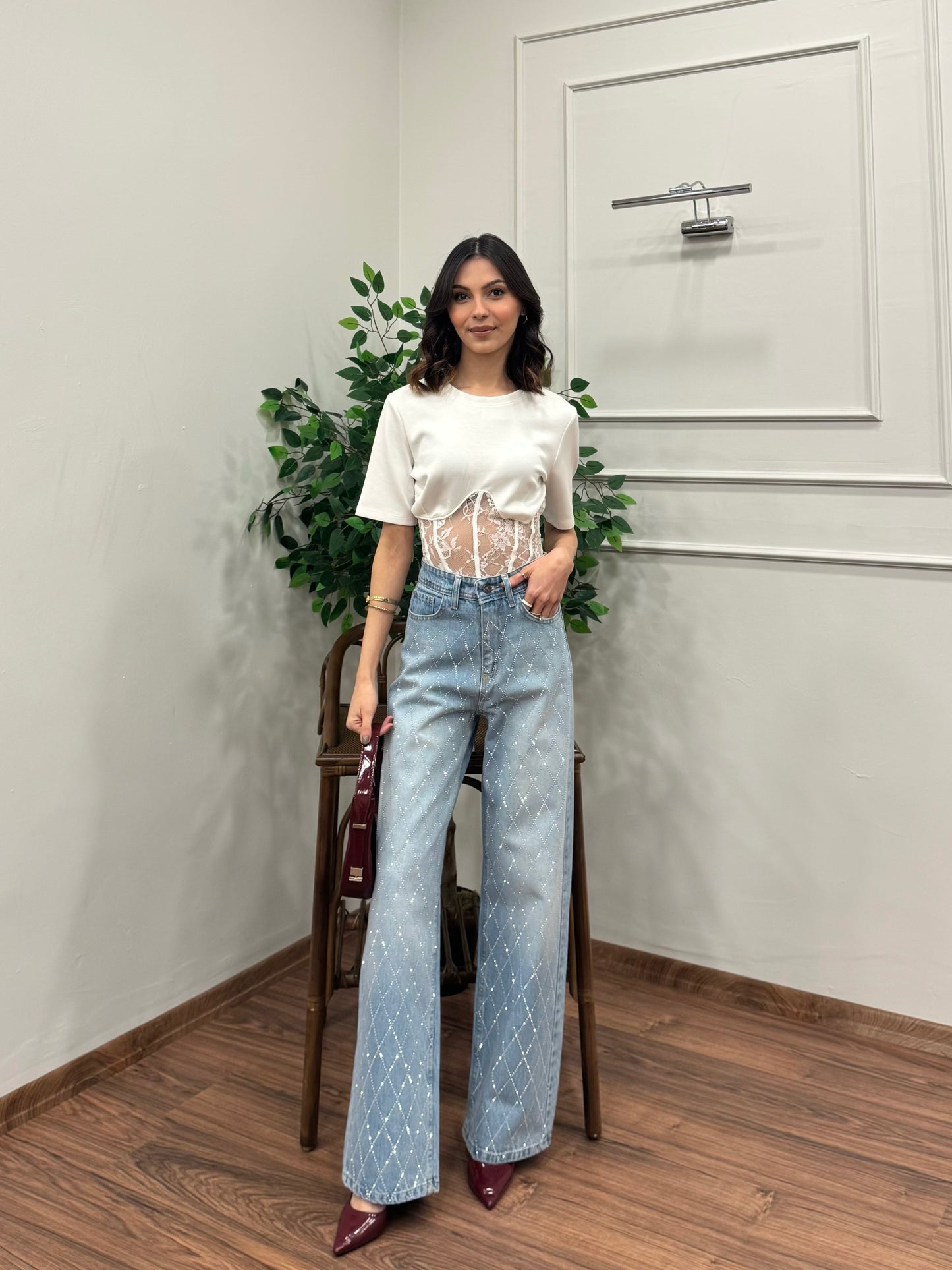 Premium Baklava Desen Taşlı Jean