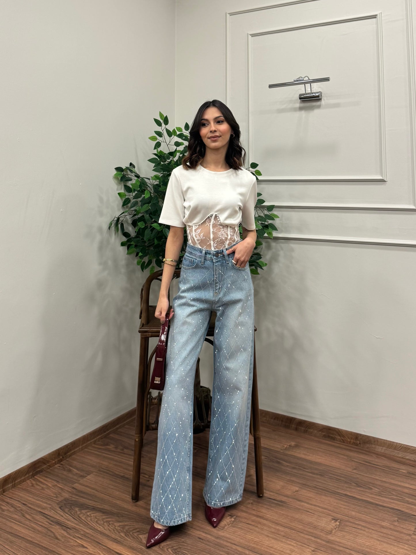 Premium Baklava Desen Taşlı Jean