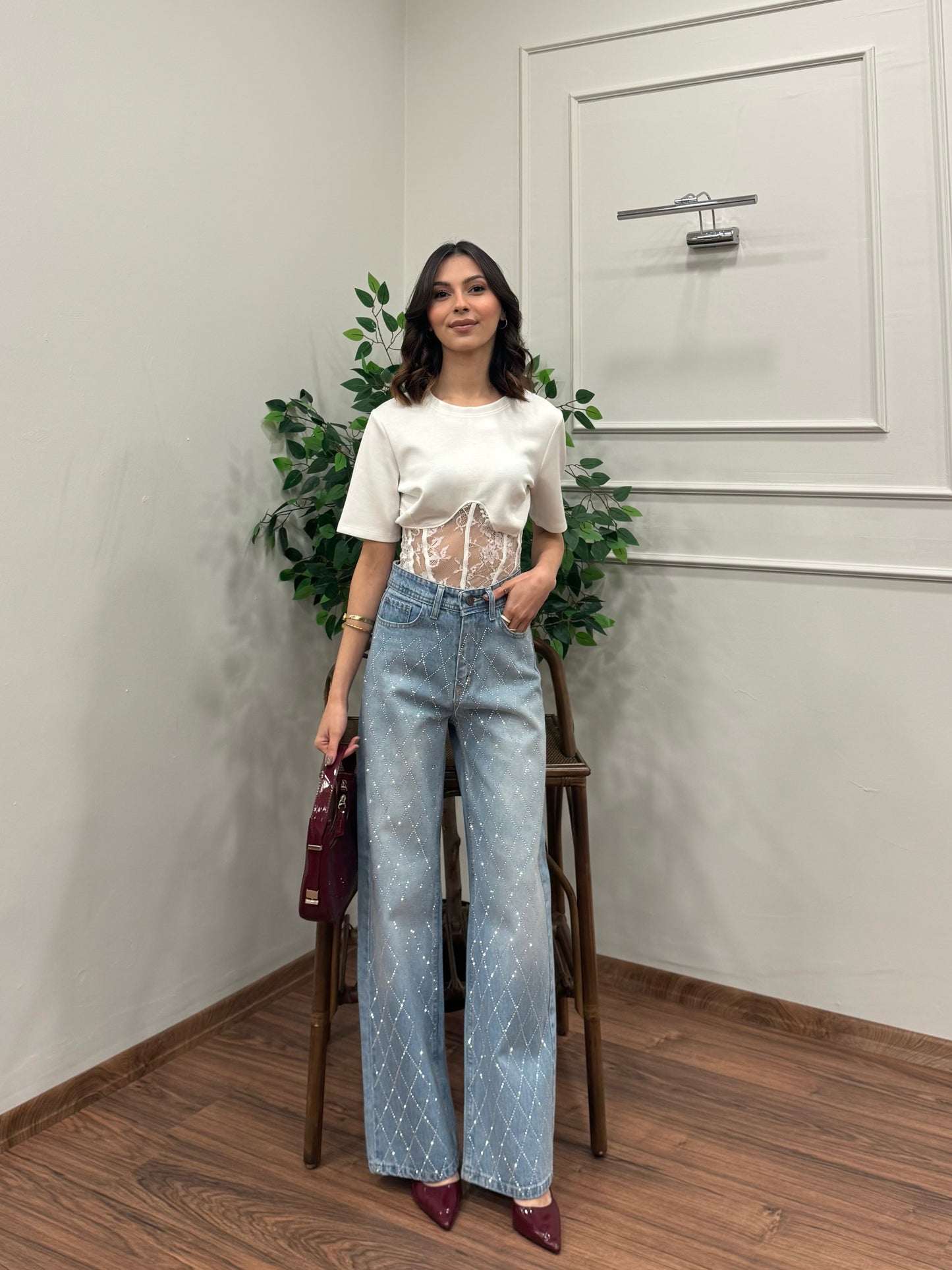 Premium Baklava Desen Taşlı Jean