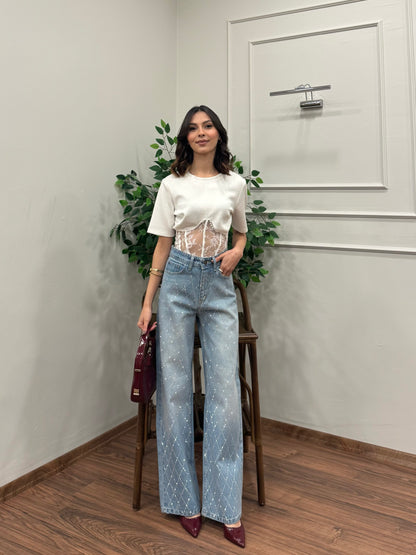 Premium Baklava Desen Taşlı Jean