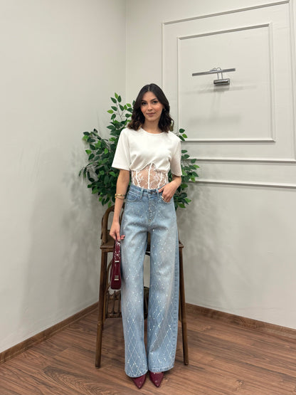 Premium Baklava Desen Taşlı Jean