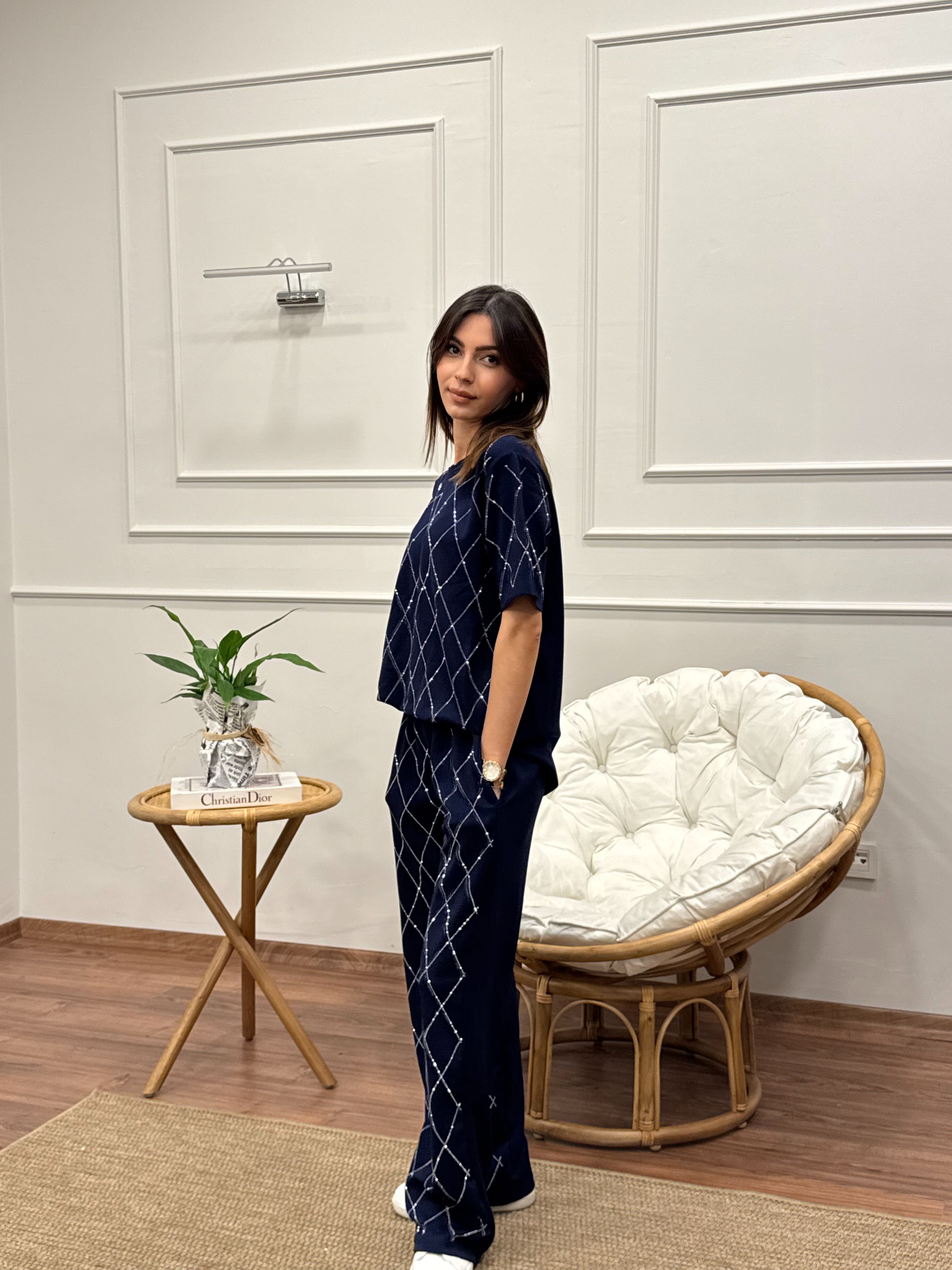 Oys Baklava Desen Taş Baskı Lacivert Bluz Pantolon Takım