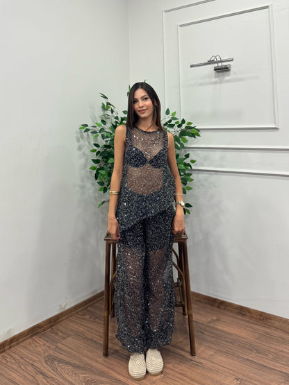 Avela Pullu Merserize Siyah Takım