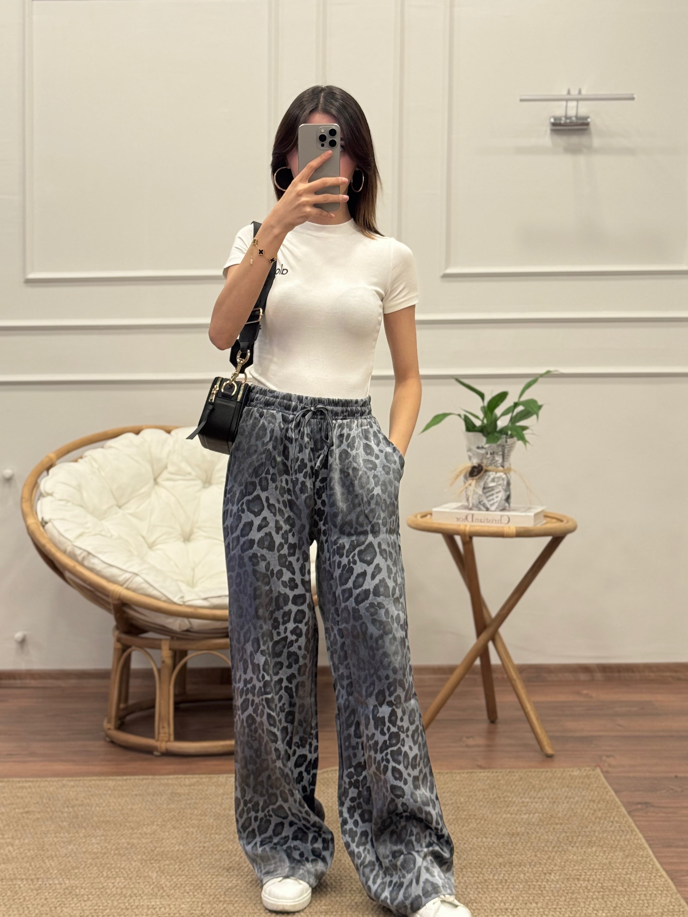 Saten Leopar Desen Gri Pantolon