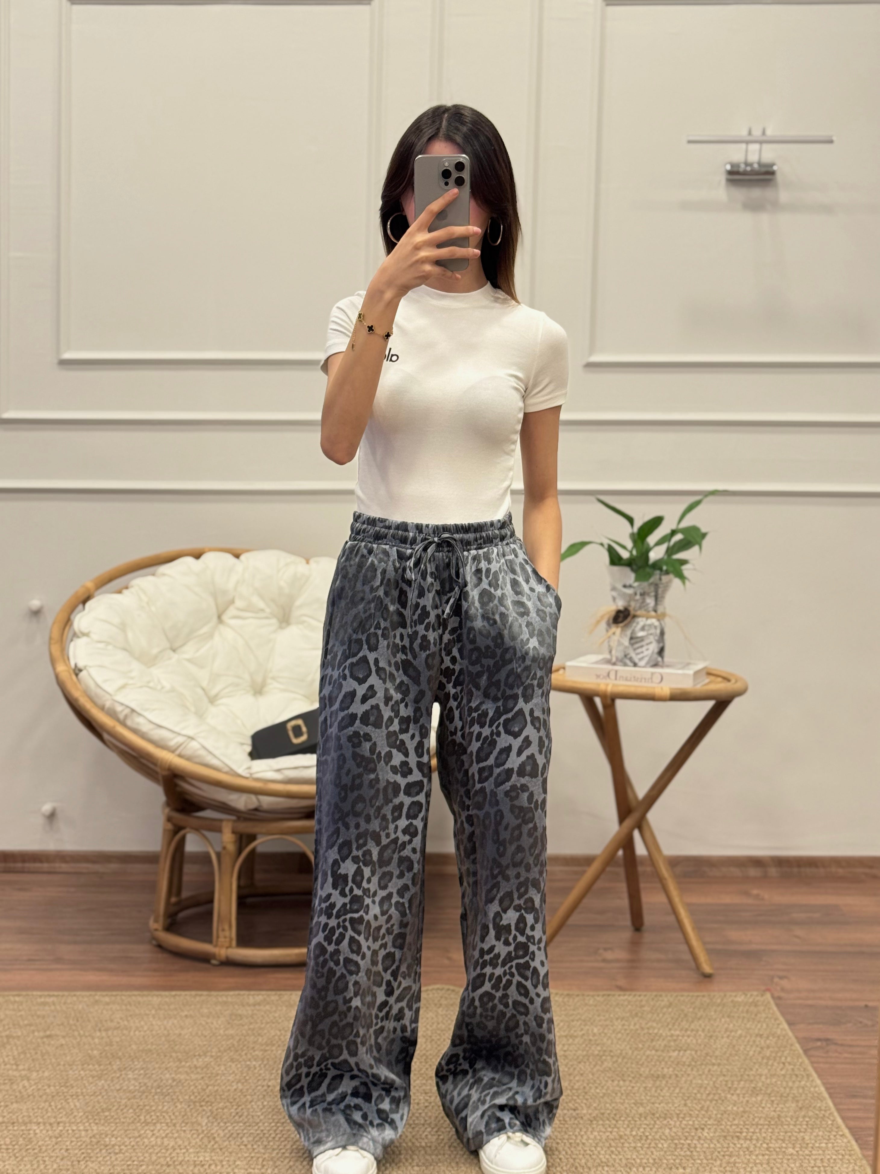 Saten Leopar Desen Gri Pantolon