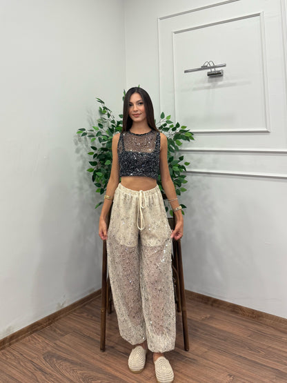 Avela Pullu Merserize Bej Balon Pantolon