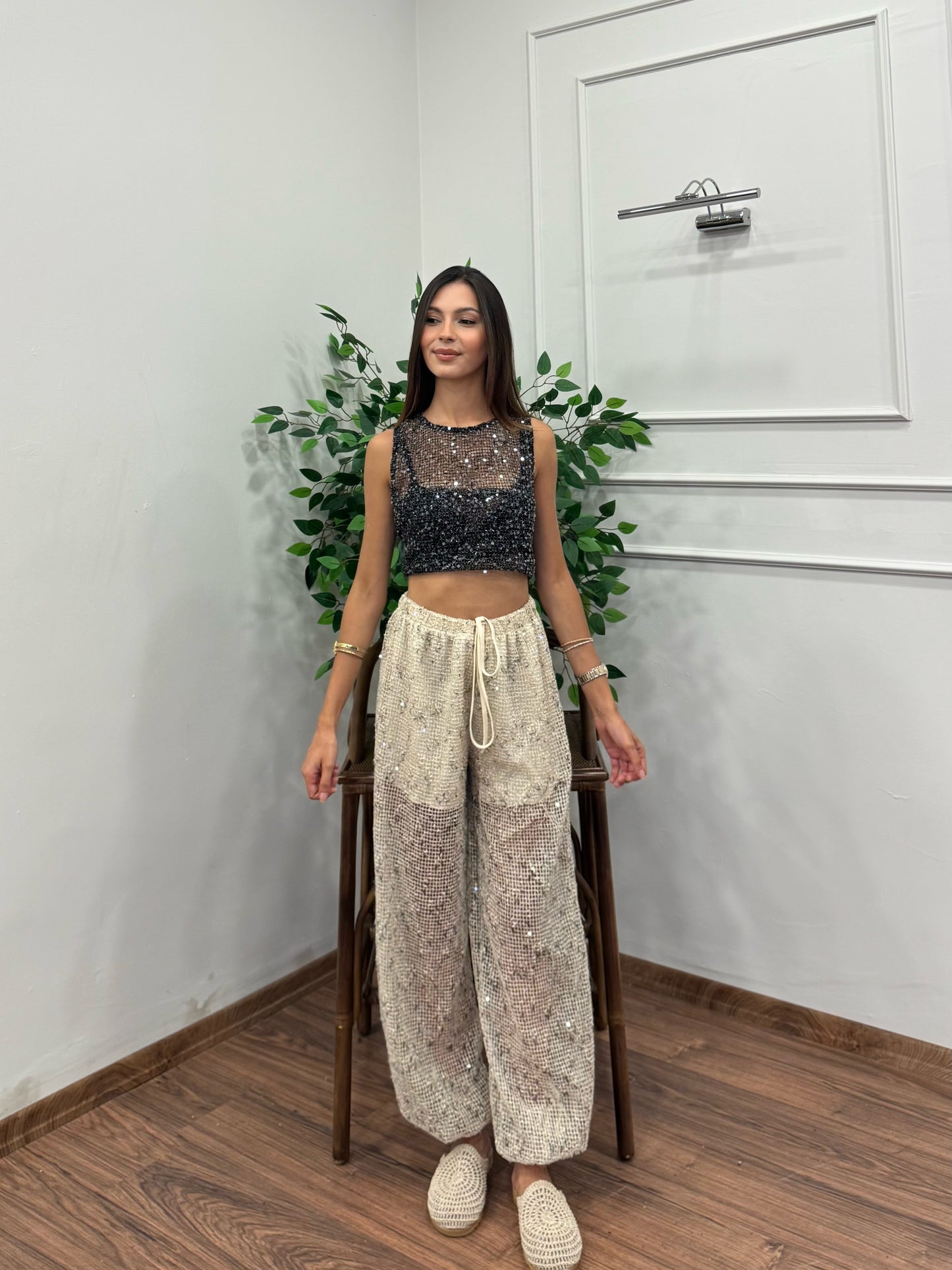Avela Pullu Merserize Bej Balon Pantolon