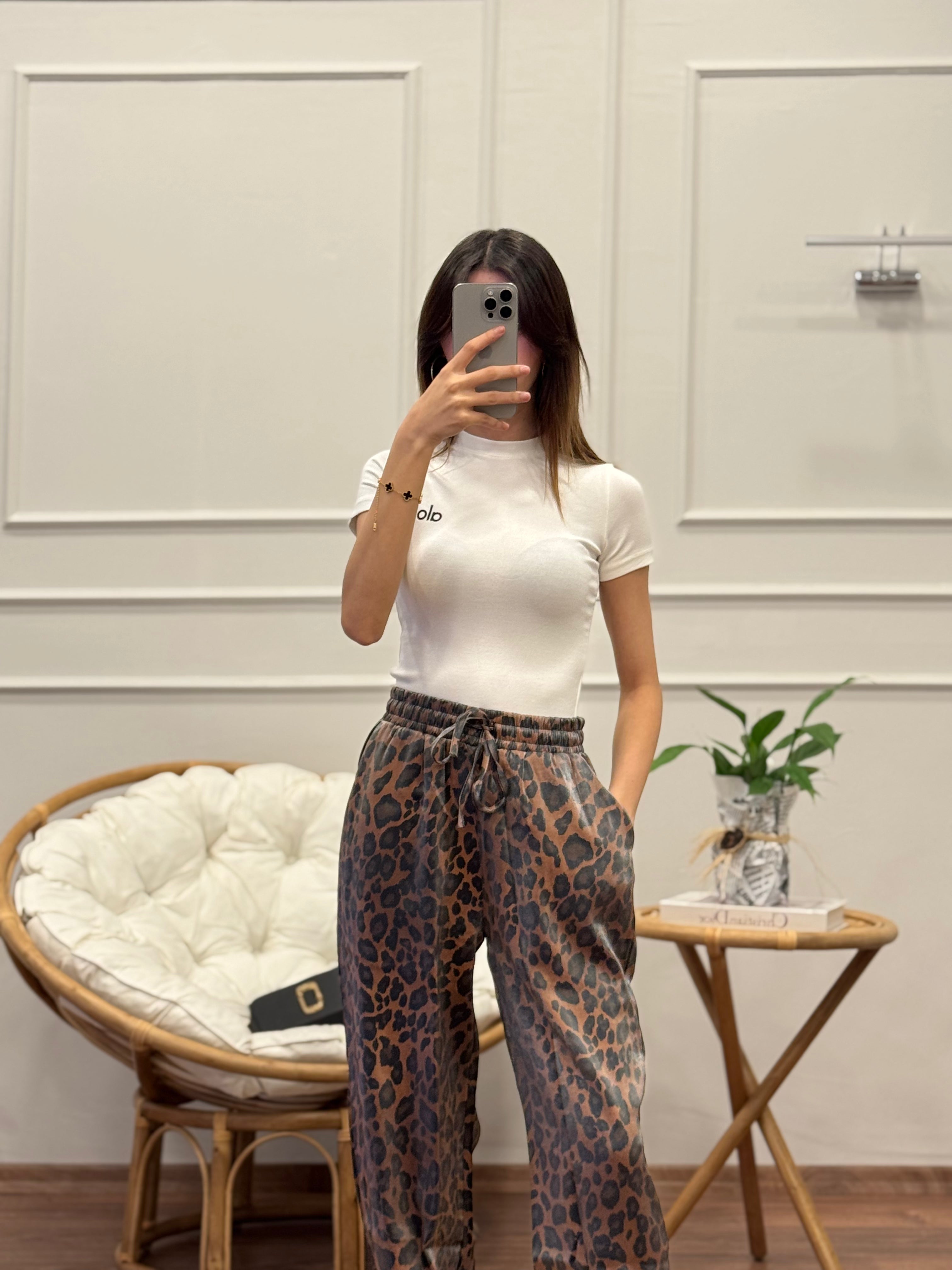 Saten Leopar Desen Kahverengi Pantolon