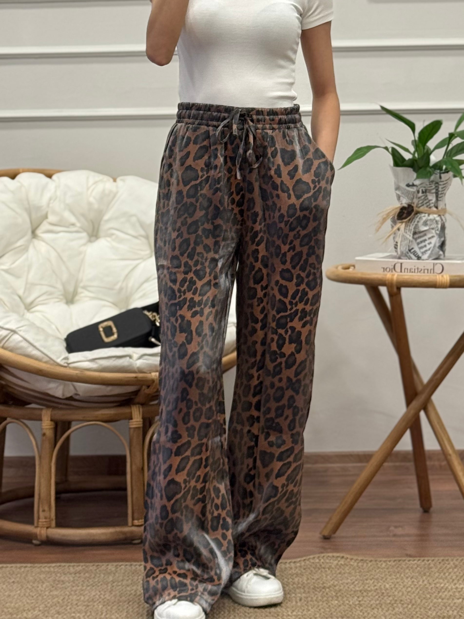 Saten Leopar Desen Kahverengi Pantolon