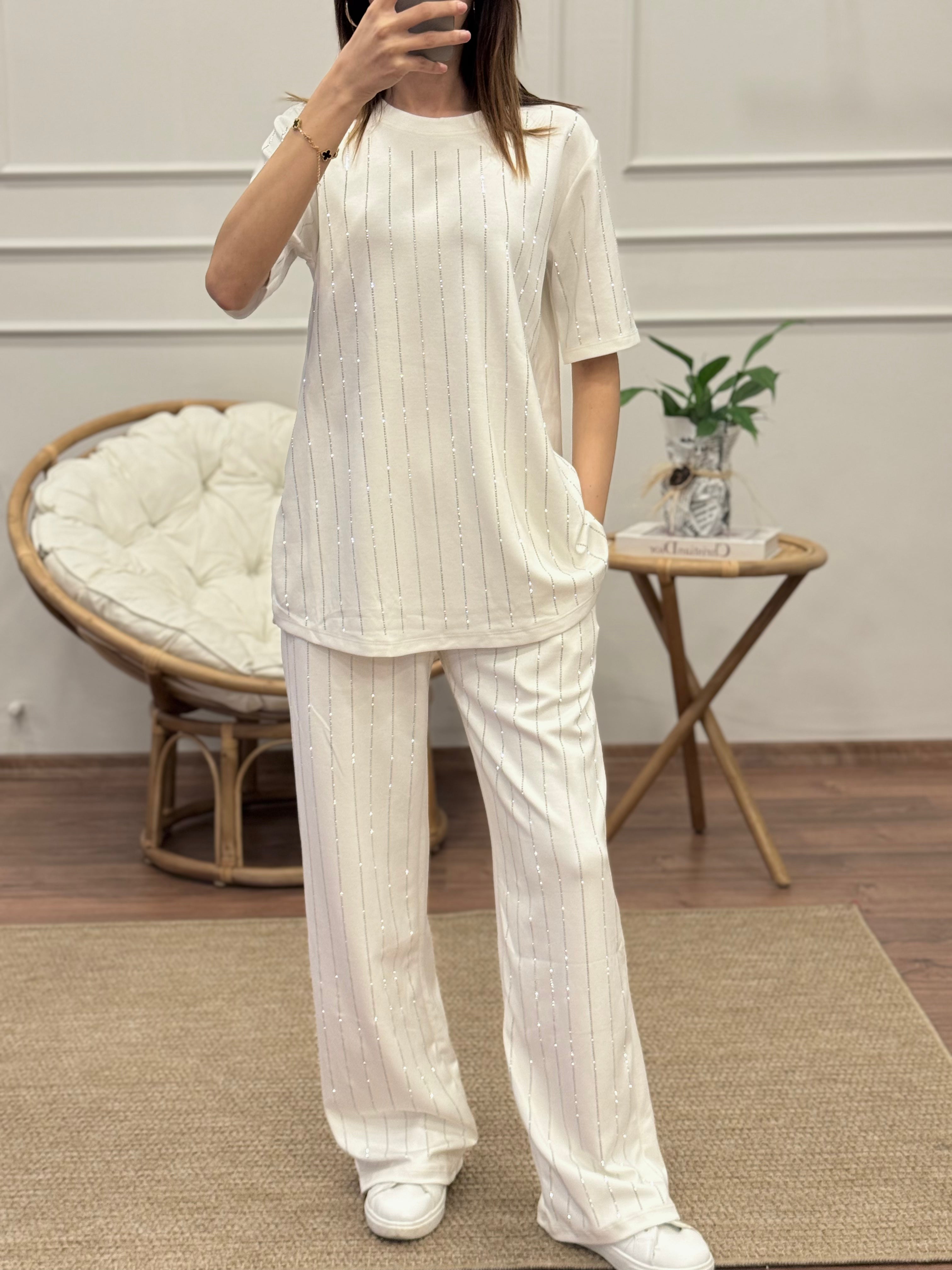 Oys Çizgi Desen Taş Baskı Beyaz Bluz Pantolon Takım