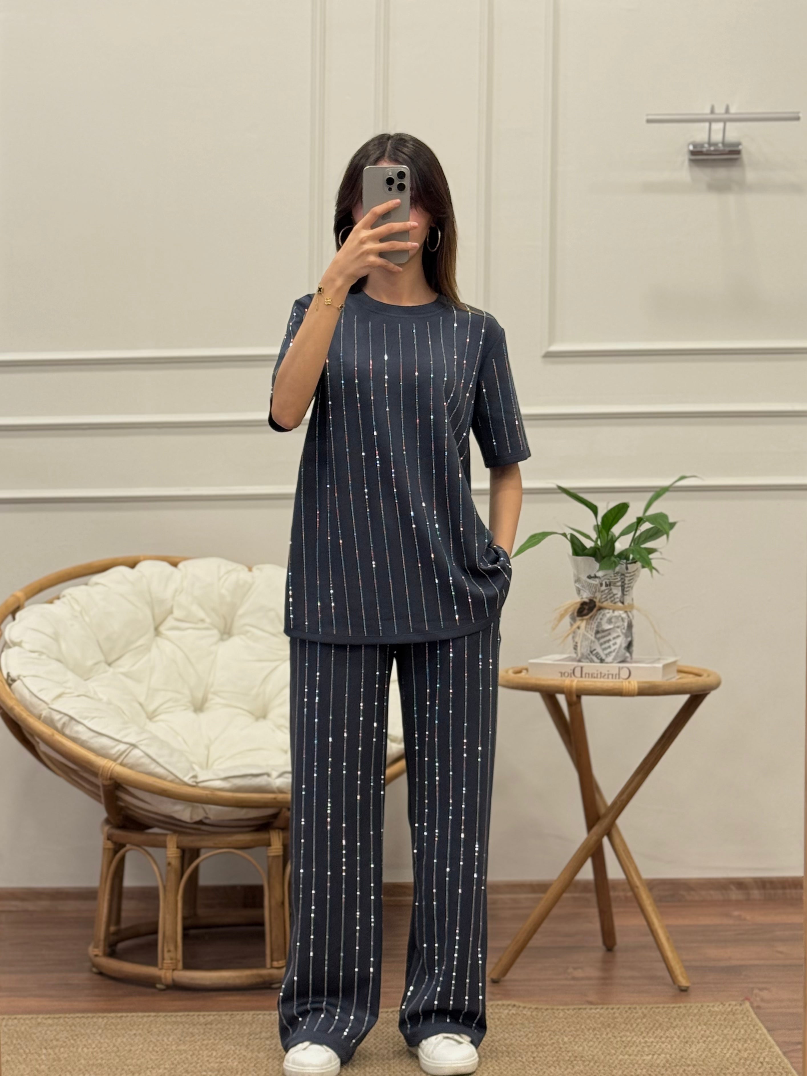 Oys Çizgi Desen Taş Baskı Antrasit Bluz Pantolon Takım