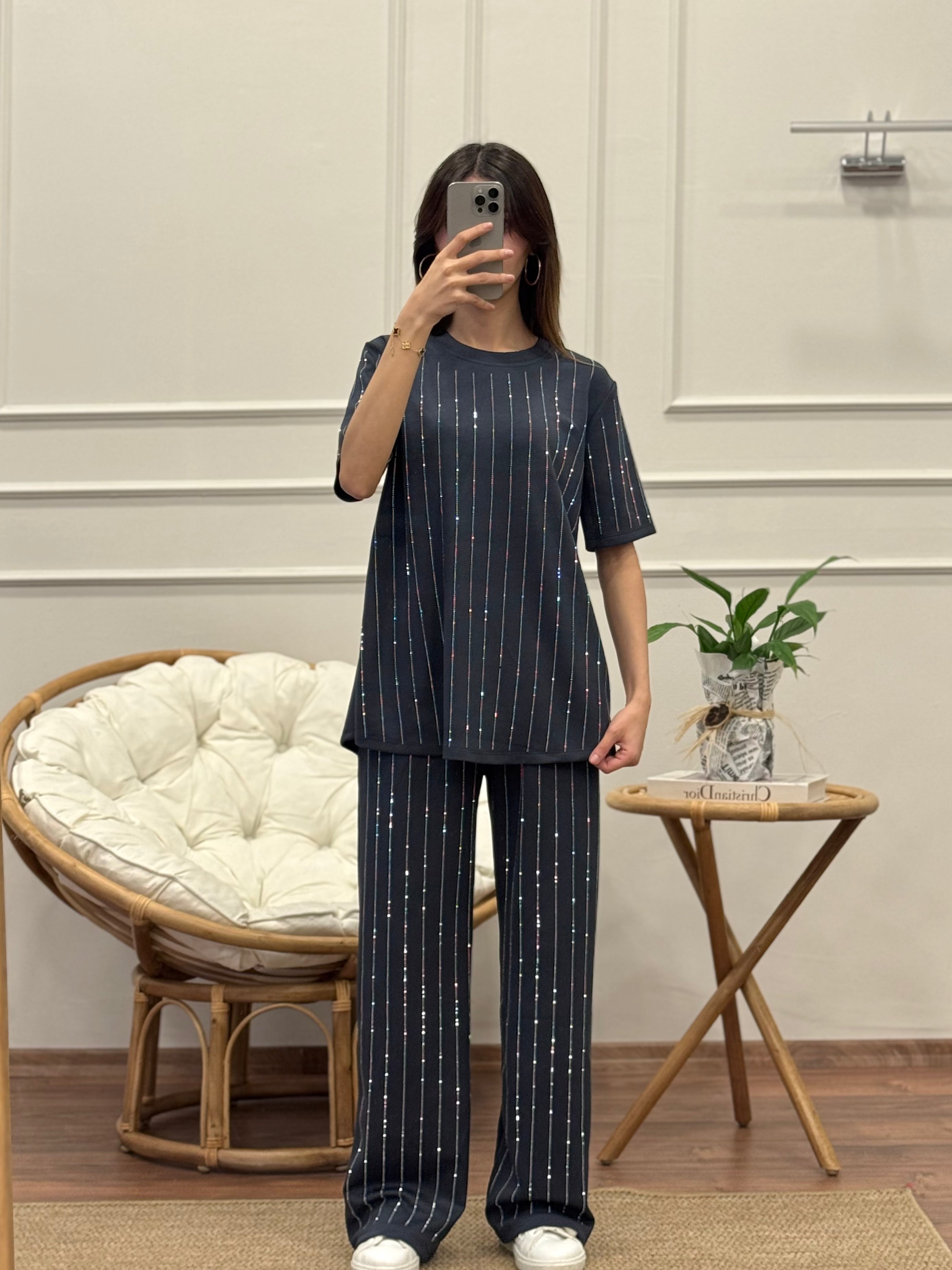 Oys Çizgi Desen Taş Baskı Antrasit Bluz Pantolon Takım