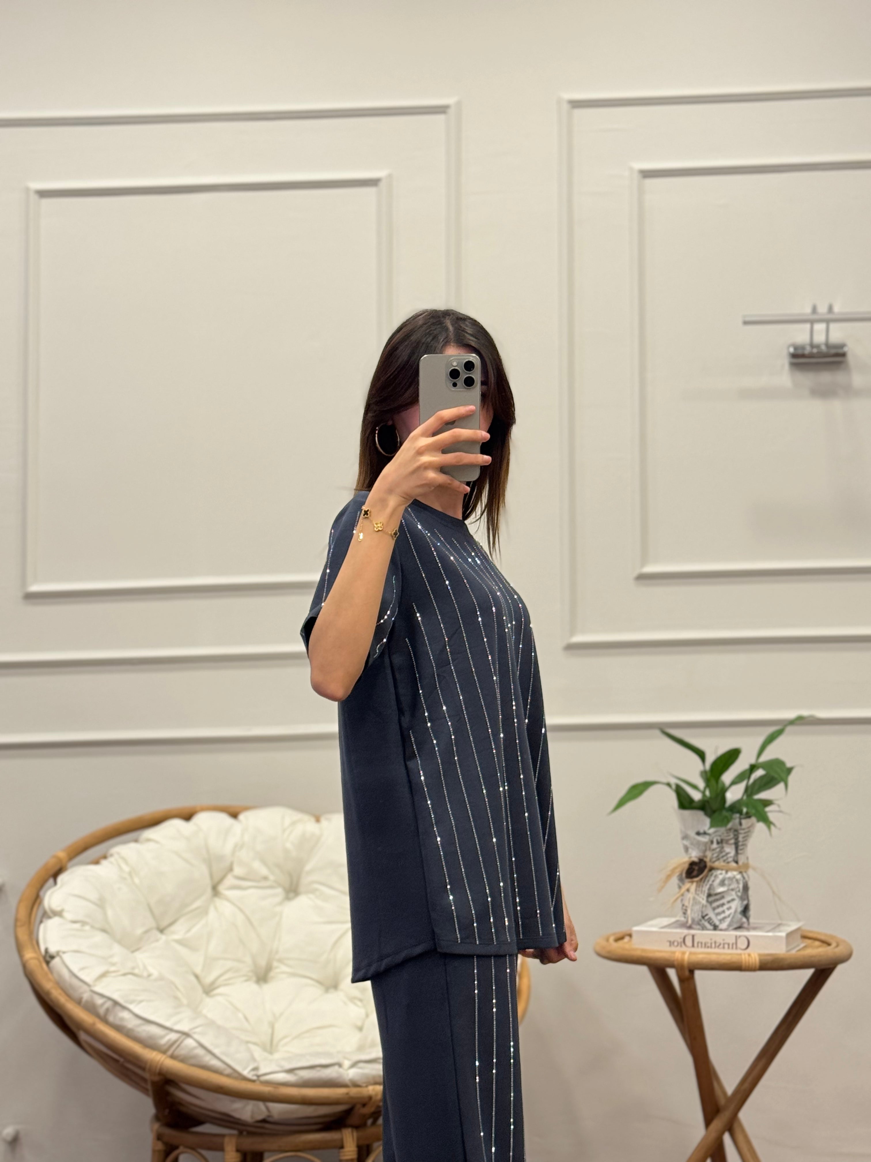 Oys Çizgi Desen Taş Baskı Antrasit Bluz Pantolon Takım