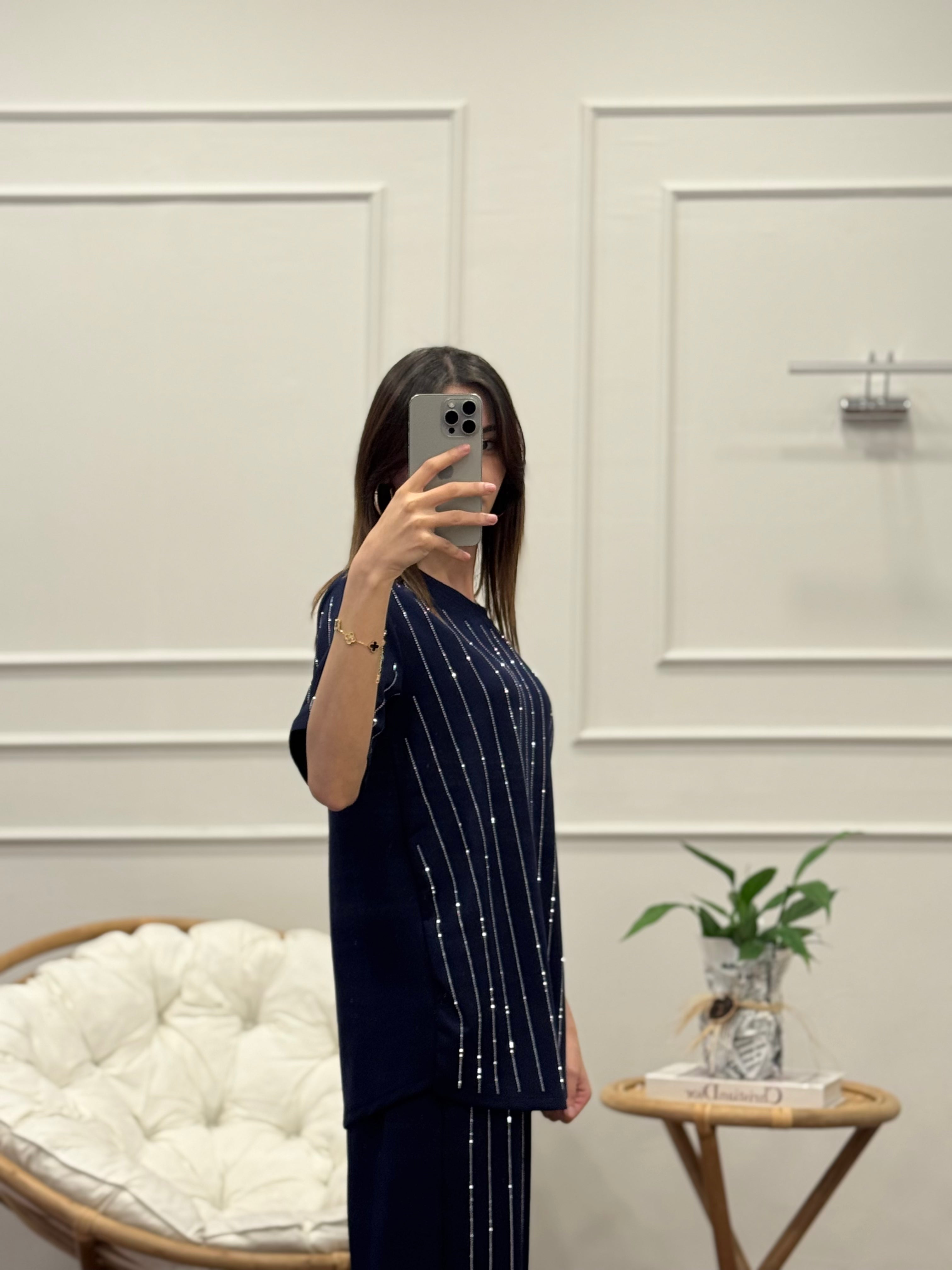 Oys Çizgi Desen Taş Baskı Lacivert Bluz Pantolon Takım