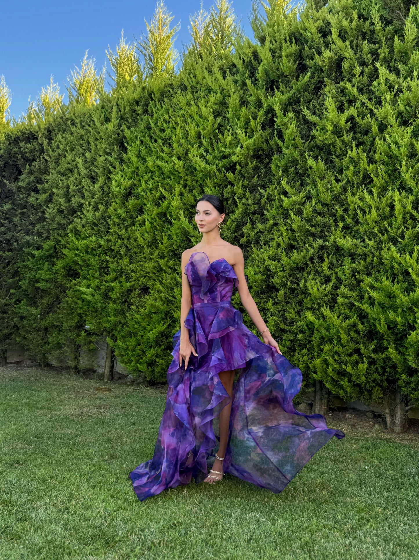 'Butterfly' Straplez Fırfır Detay Şifon Mor Abiye