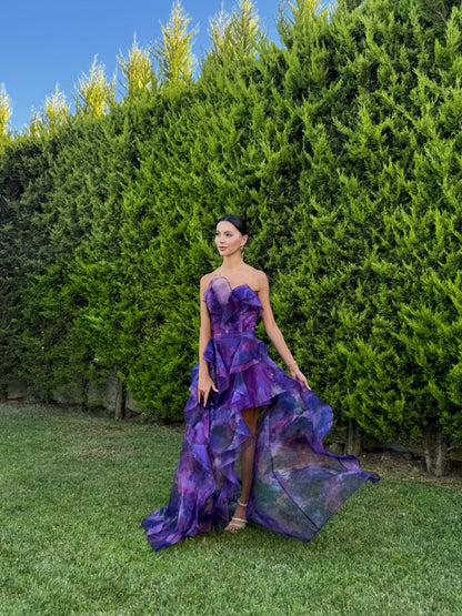 'Butterfly' Straplez Fırfır Detay Şifon Mor Abiye