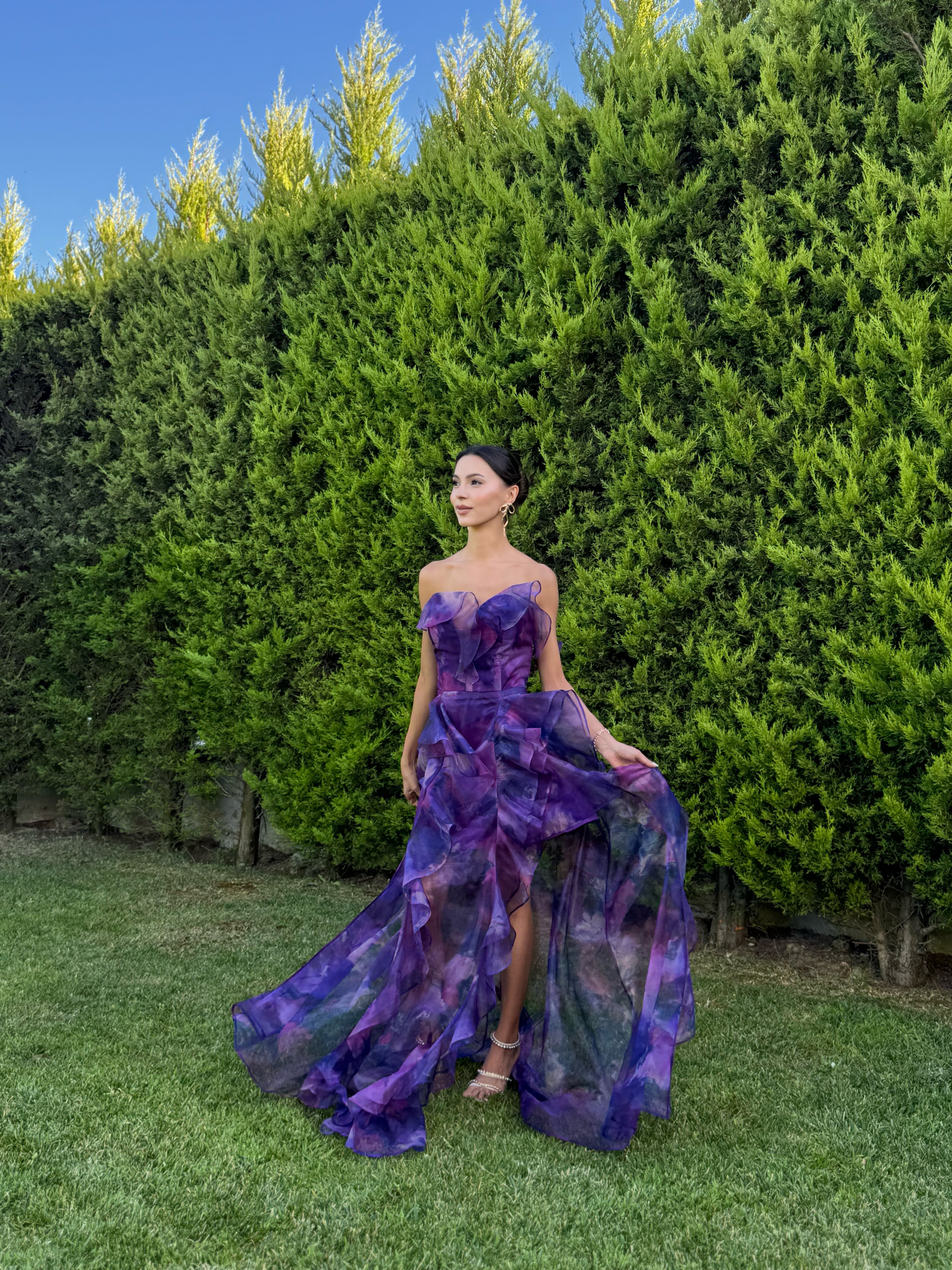 'Butterfly' Straplez Fırfır Detay Şifon Mor Abiye