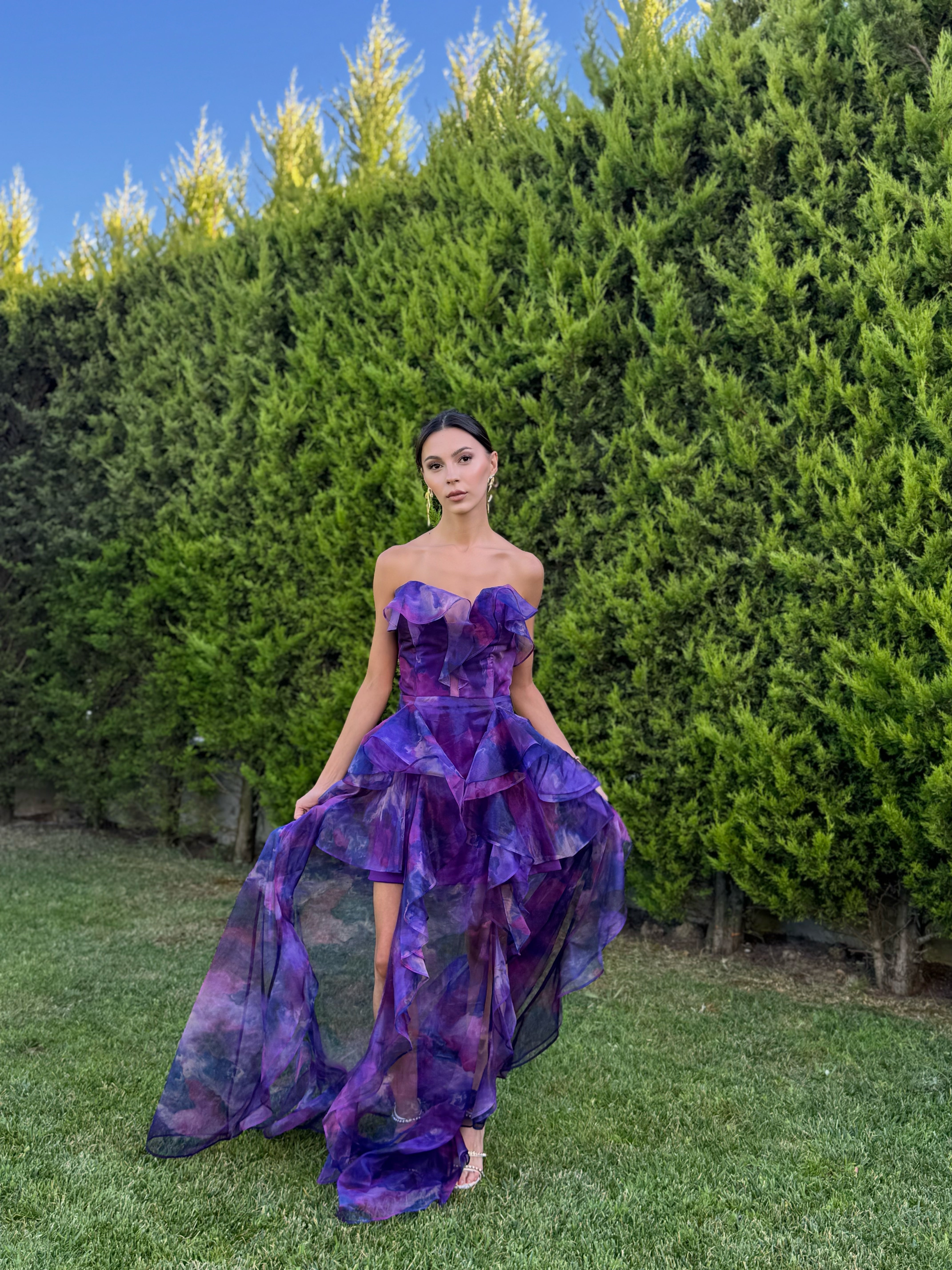 'Butterfly' Straplez Fırfır Detay Şifon Mor Abiye