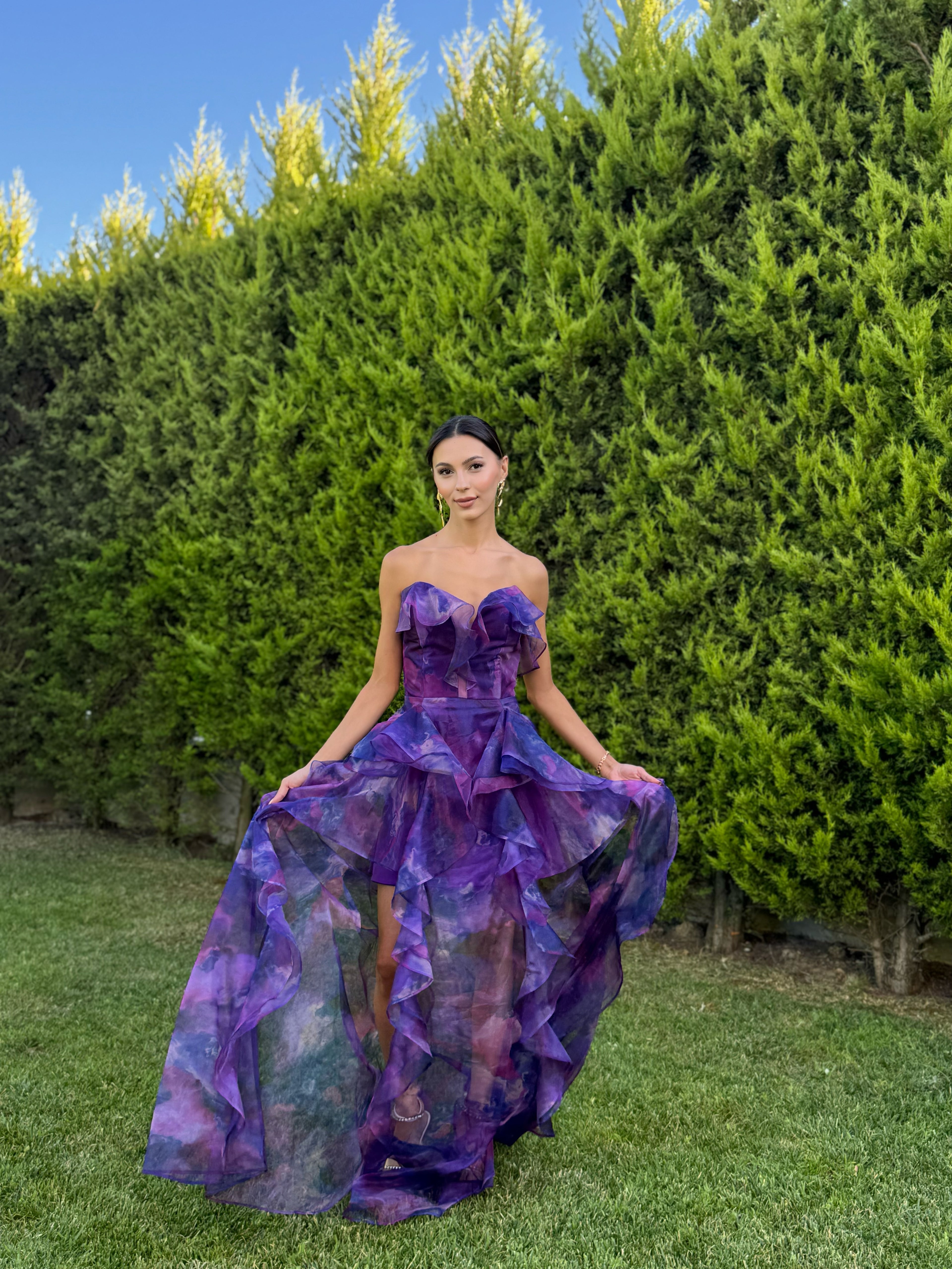 'Butterfly' Straplez Fırfır Detay Şifon Mor Abiye
