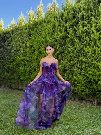 'Butterfly' Straplez Fırfır Detay Şifon Mor Abiye