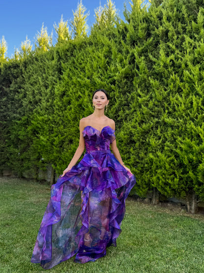 'Butterfly' Straplez Fırfır Detay Şifon Mor Abiye