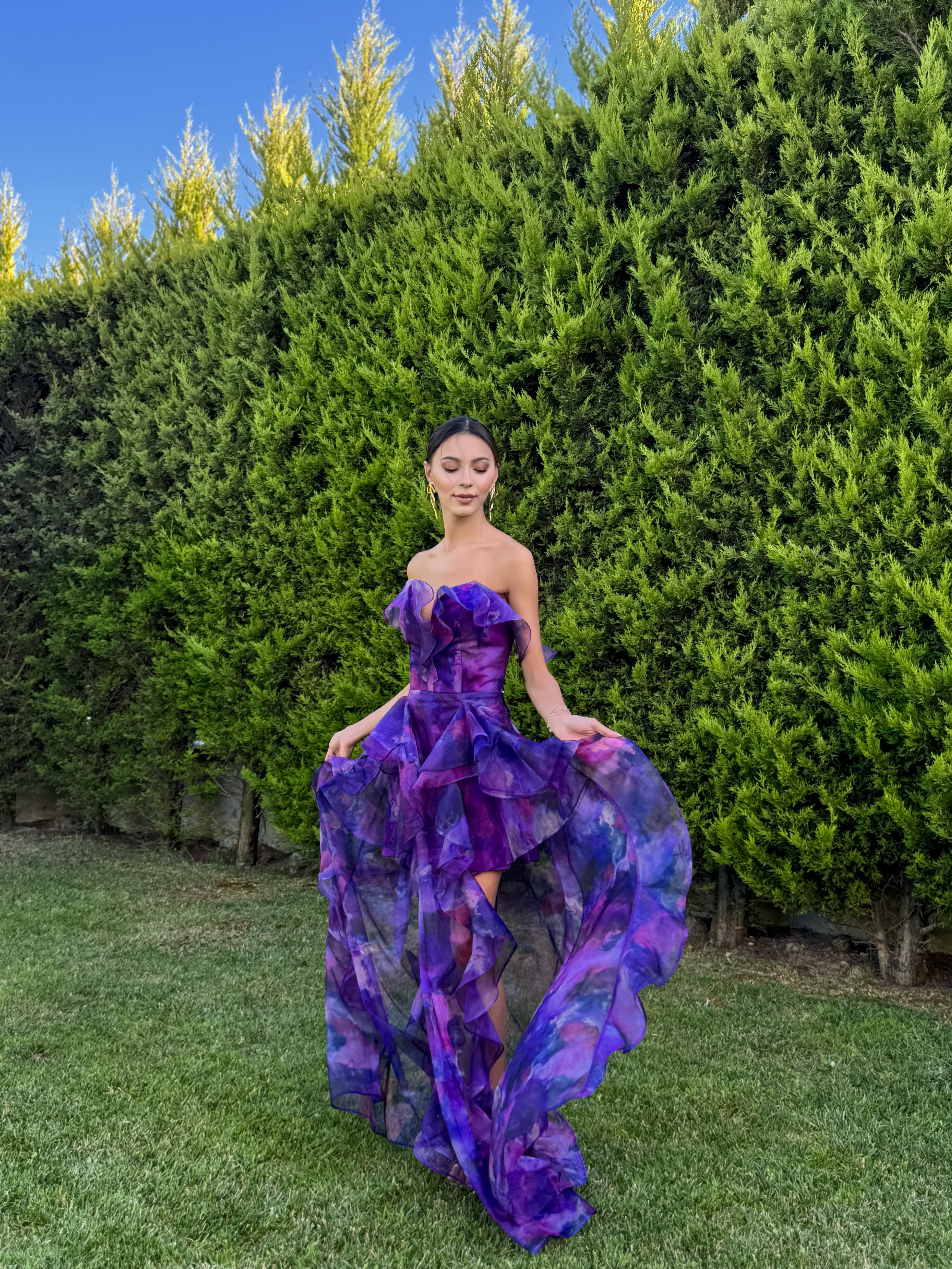 'Butterfly' Straplez Fırfır Detay Şifon Mor Abiye