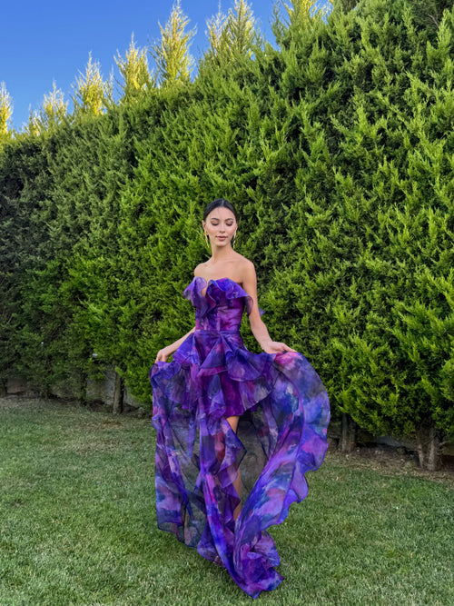 'Butterfly' Straplez Fırfır Detay Şifon Mor Abiye