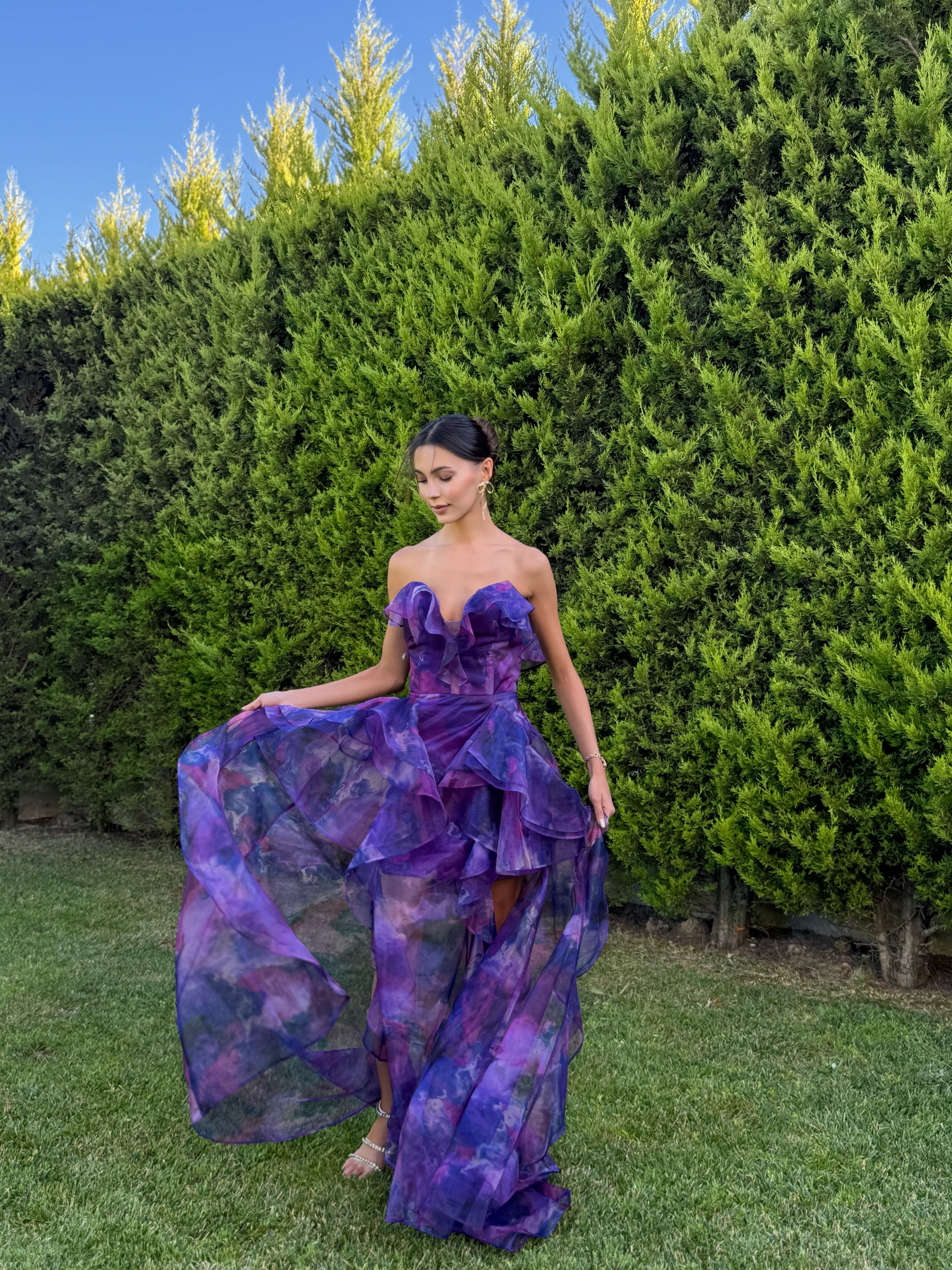'Butterfly' Straplez Fırfır Detay Şifon Mor Abiye