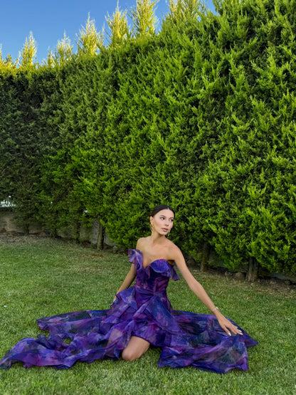 'Butterfly' Straplez Fırfır Detay Şifon Mor Abiye