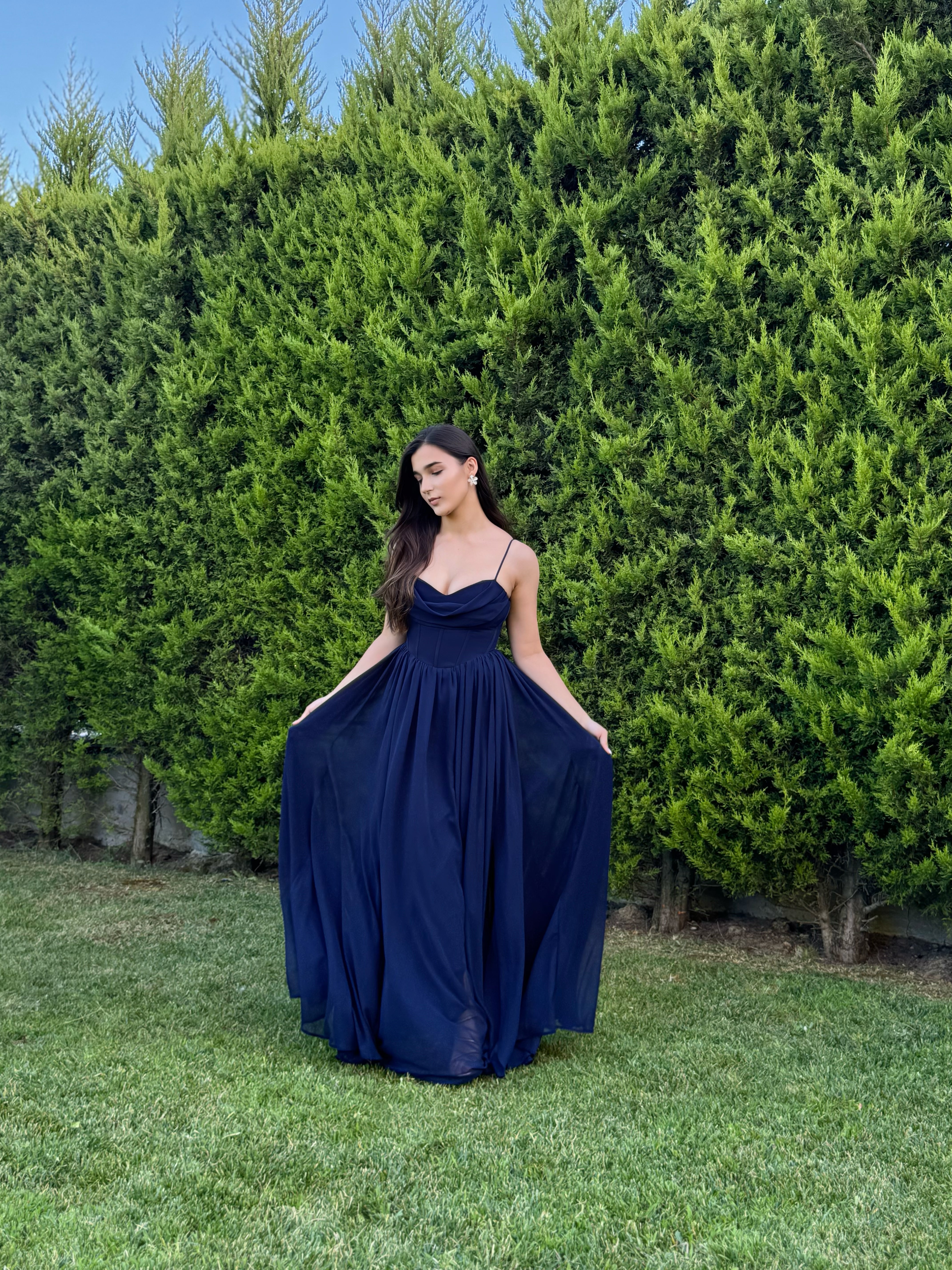 'Lovely' Göğüs Drape Sırt Detay Yırtmaçlı Lacivert Abiye