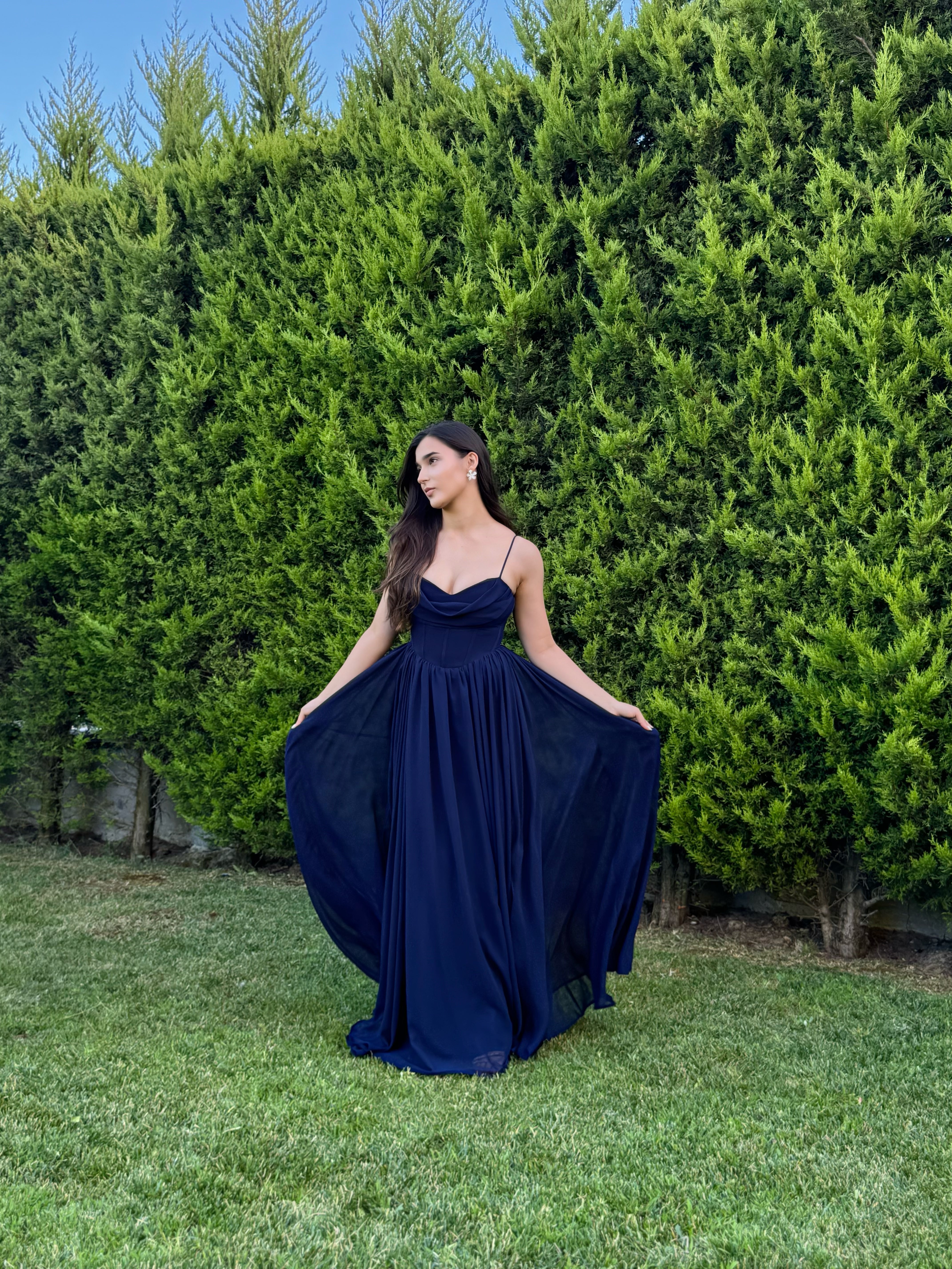 'Lovely' Göğüs Drape Sırt Detay Yırtmaçlı Lacivert Abiye
