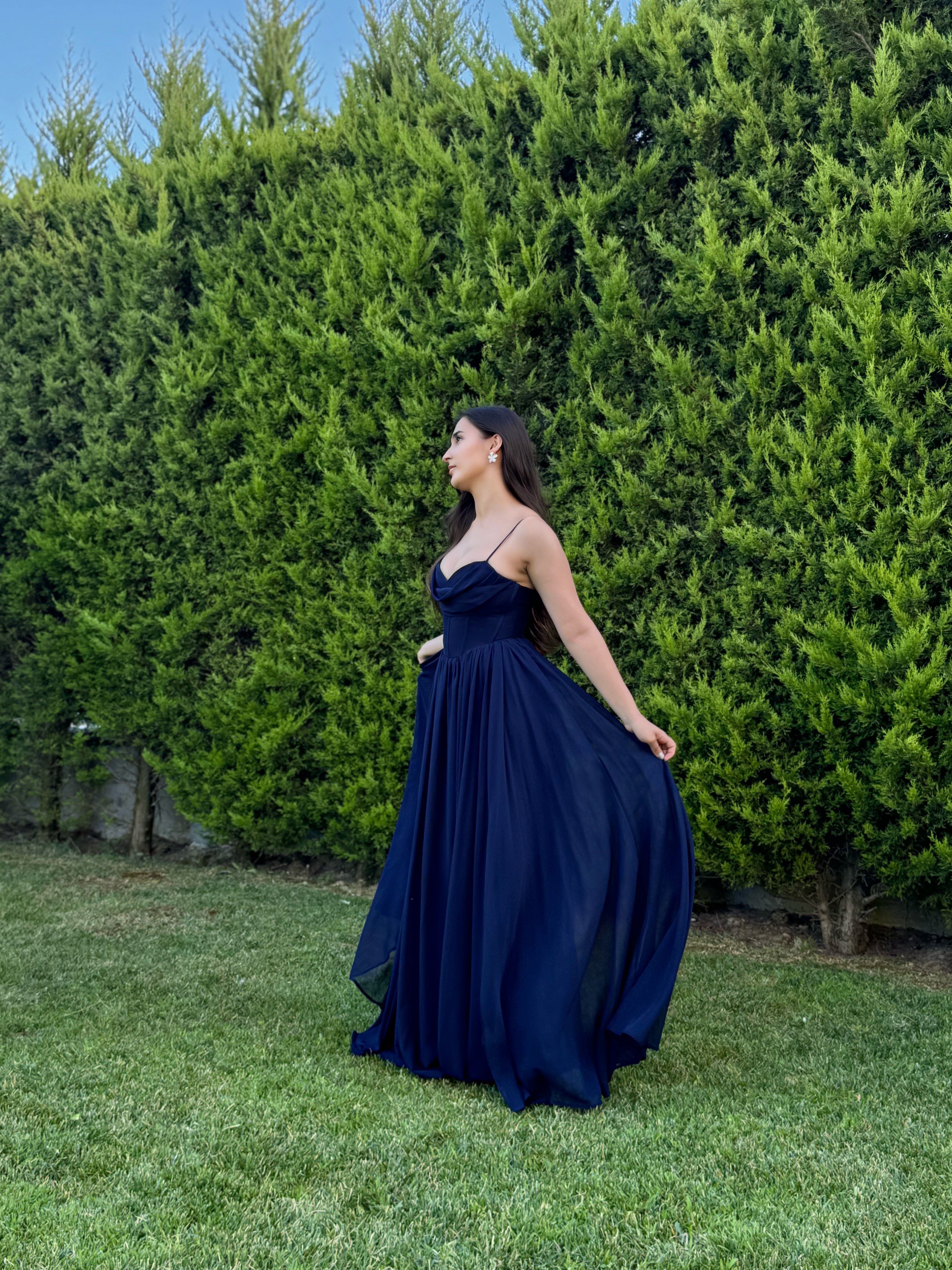 'Lovely' Göğüs Drape Sırt Detay Yırtmaçlı Lacivert Abiye