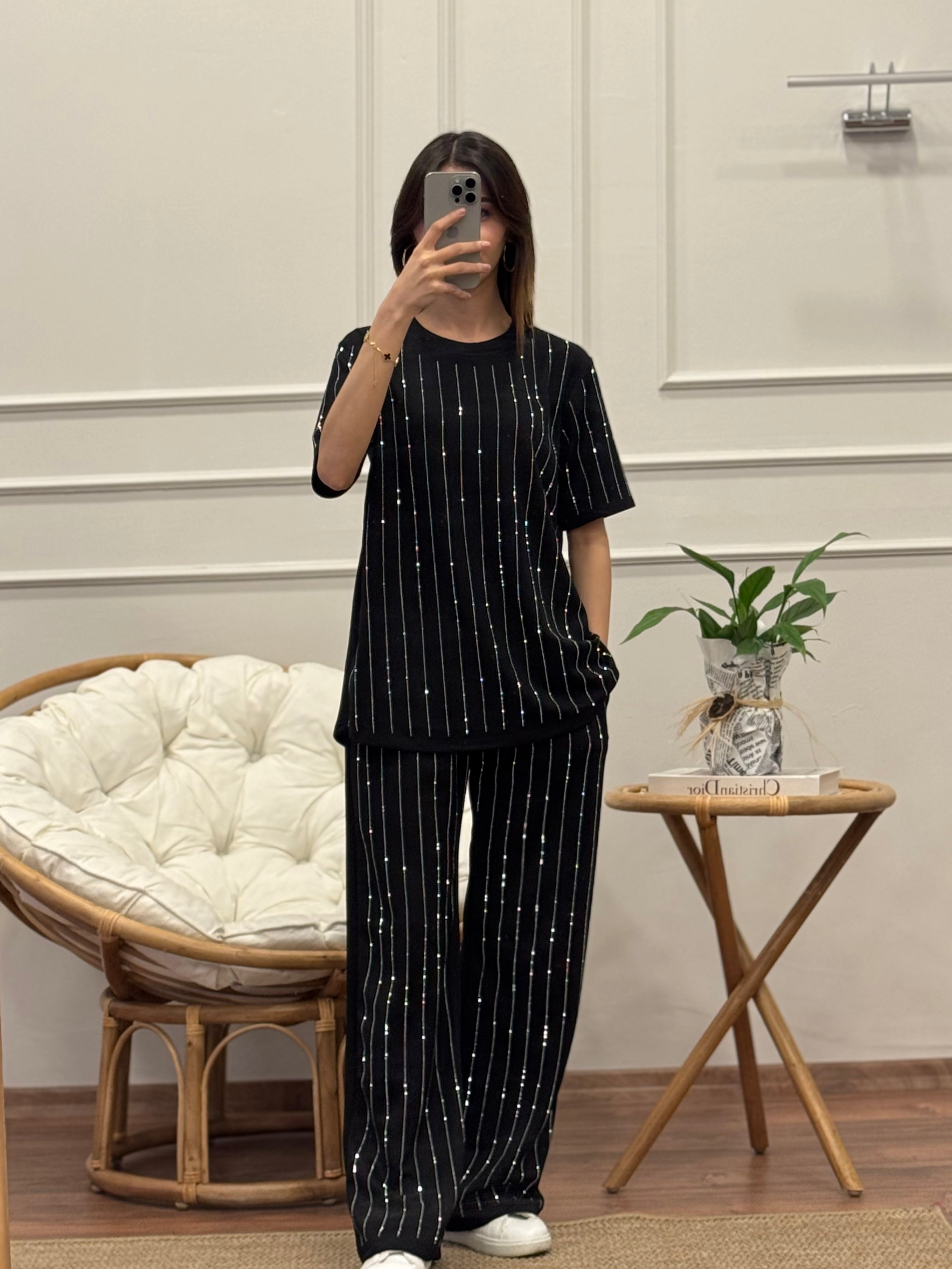 Oys Çizgi Desen Taş Baskı Siyah Bluz Pantolon Takım