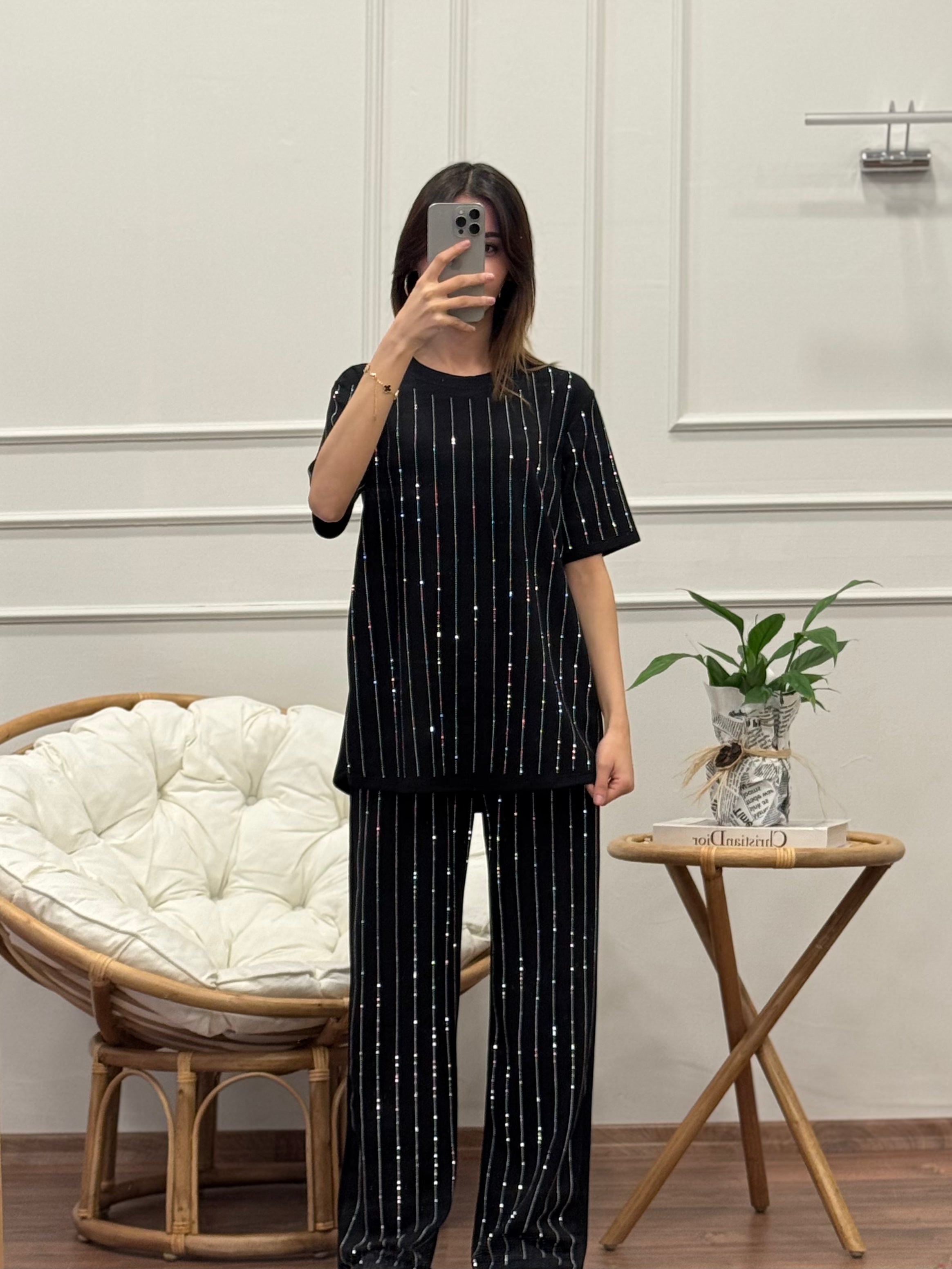 Oys Çizgi Desen Taş Baskı Siyah Bluz Pantolon Takım