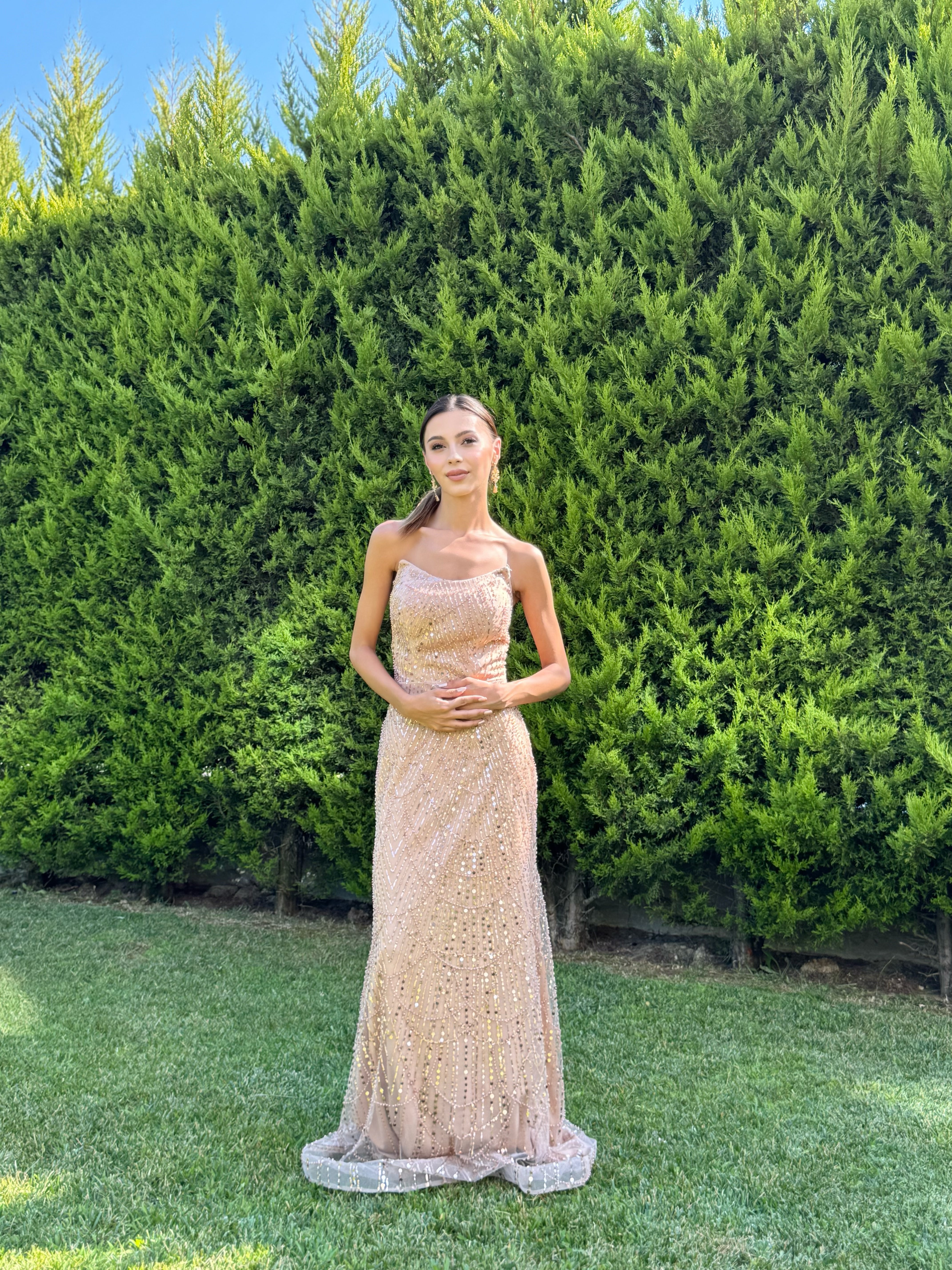 'Elysia' Straplez Payet Pul Detay Abiye