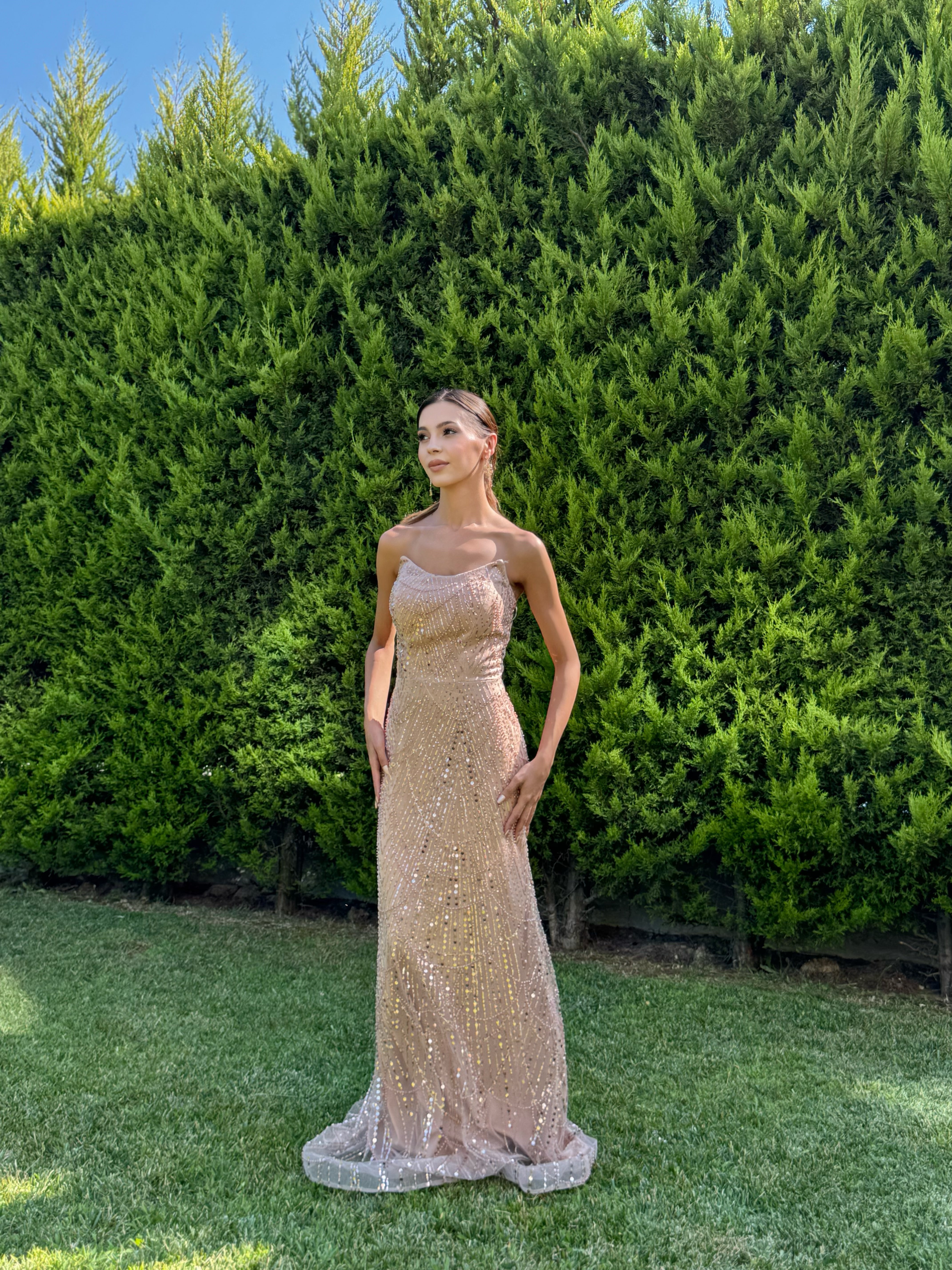 'Elysia' Straplez Payet Pul Detay Abiye