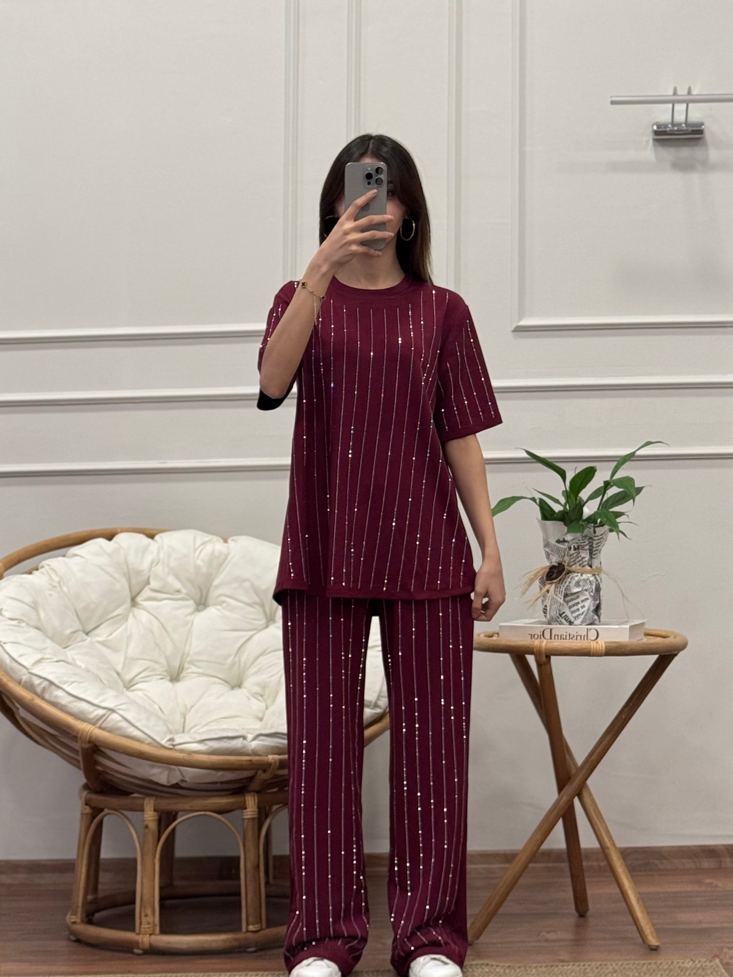 Oys Çizgi Desen Taş Baskı Bordo Bluz Pantolon Takım