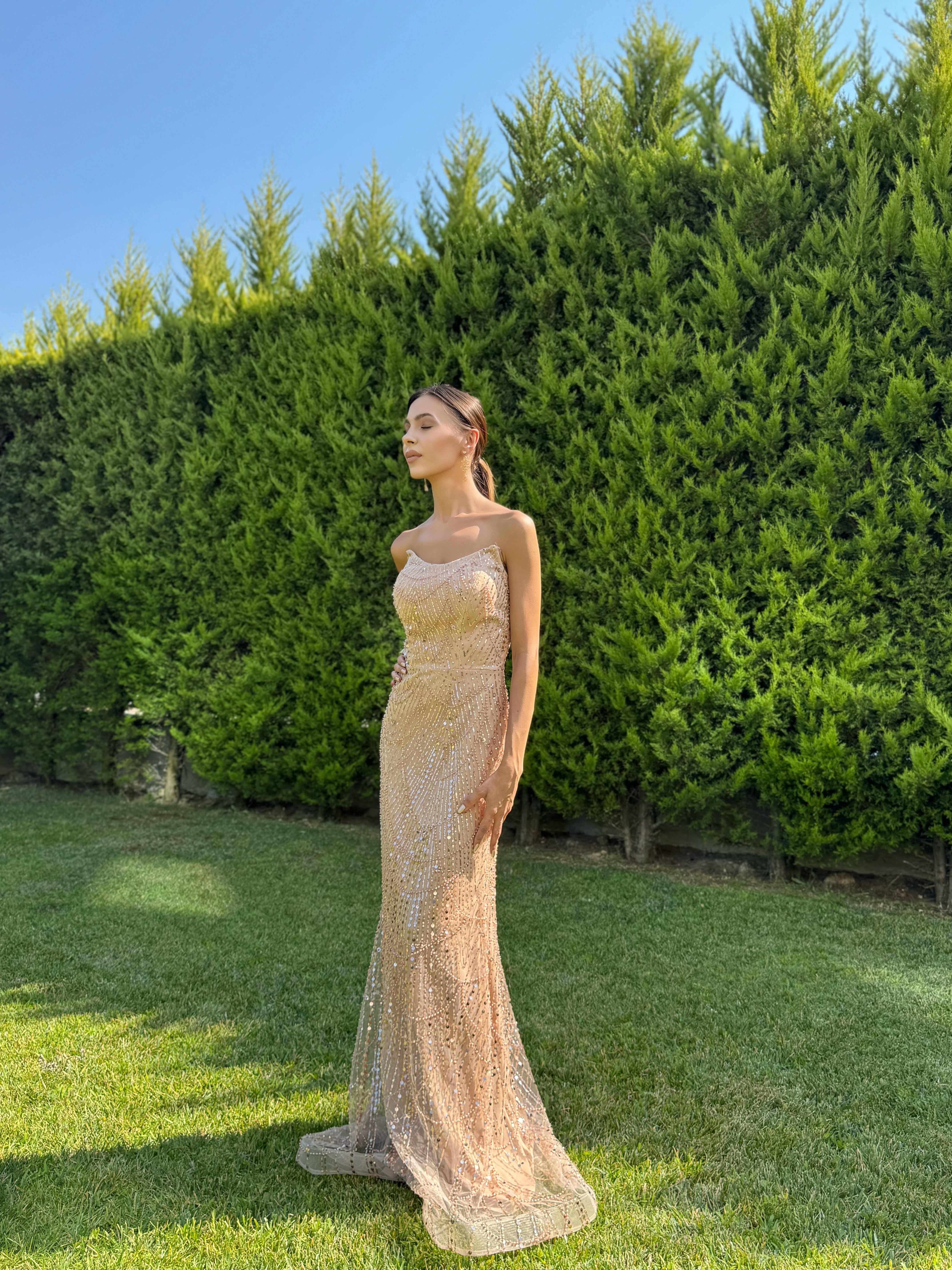 'Elysia' Straplez Payet Pul Detay Abiye